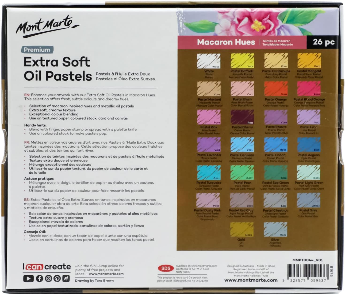 Mont Marte Extra Soft Oil Pastels Macaron Hues Premium 26Pc, Assorted Pastel & Metallic Colours, Vibrant, Buttery, Versatile Art Pastels for Blending, Layering & Shading, Colouring, Sketching
