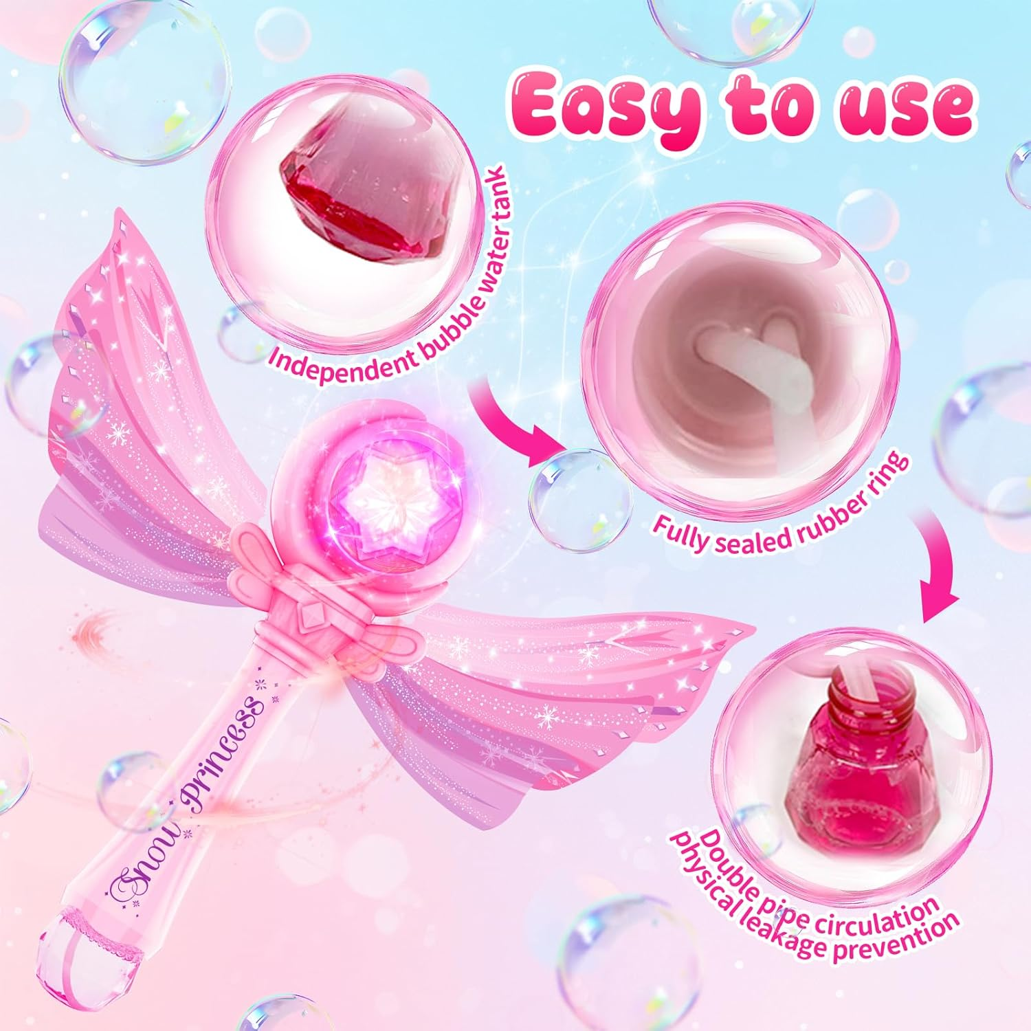 Zynexis Bubble Wands for Kids Girls - LED Light & Music Bubble Machine with 2 Bubble Solutions, Outdoor Party Birthday Toys for Toddlers, 3 4 5 6 7 8 Year Old Girls Gift