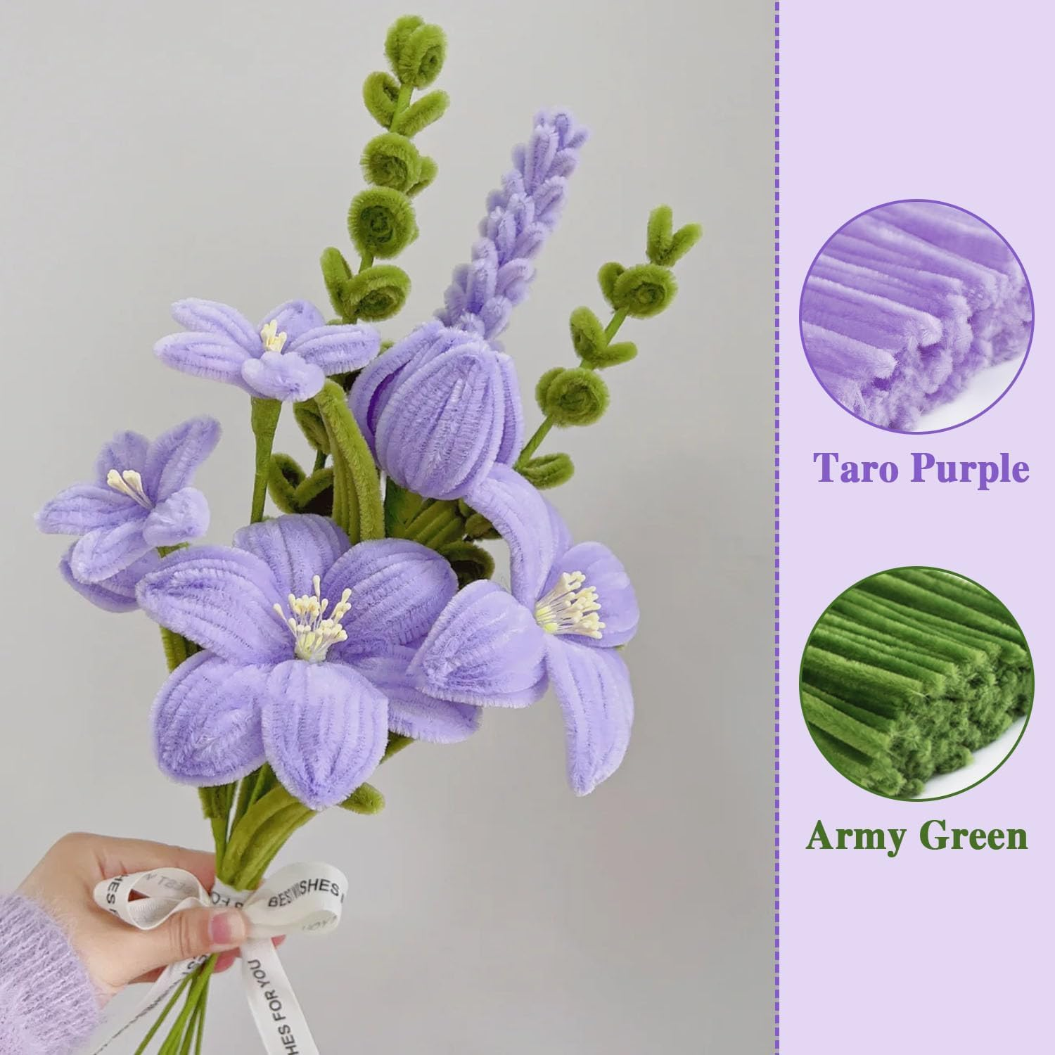 400 Pcs Pipe Cleaners Craft,4 Assorted Colors Pipe Cleaners Bulk, Chenille Stems for DIY Flower Making Kit with Floral Wires, Gardening Tape,Stamen& Ribbon(Purple) image number 4