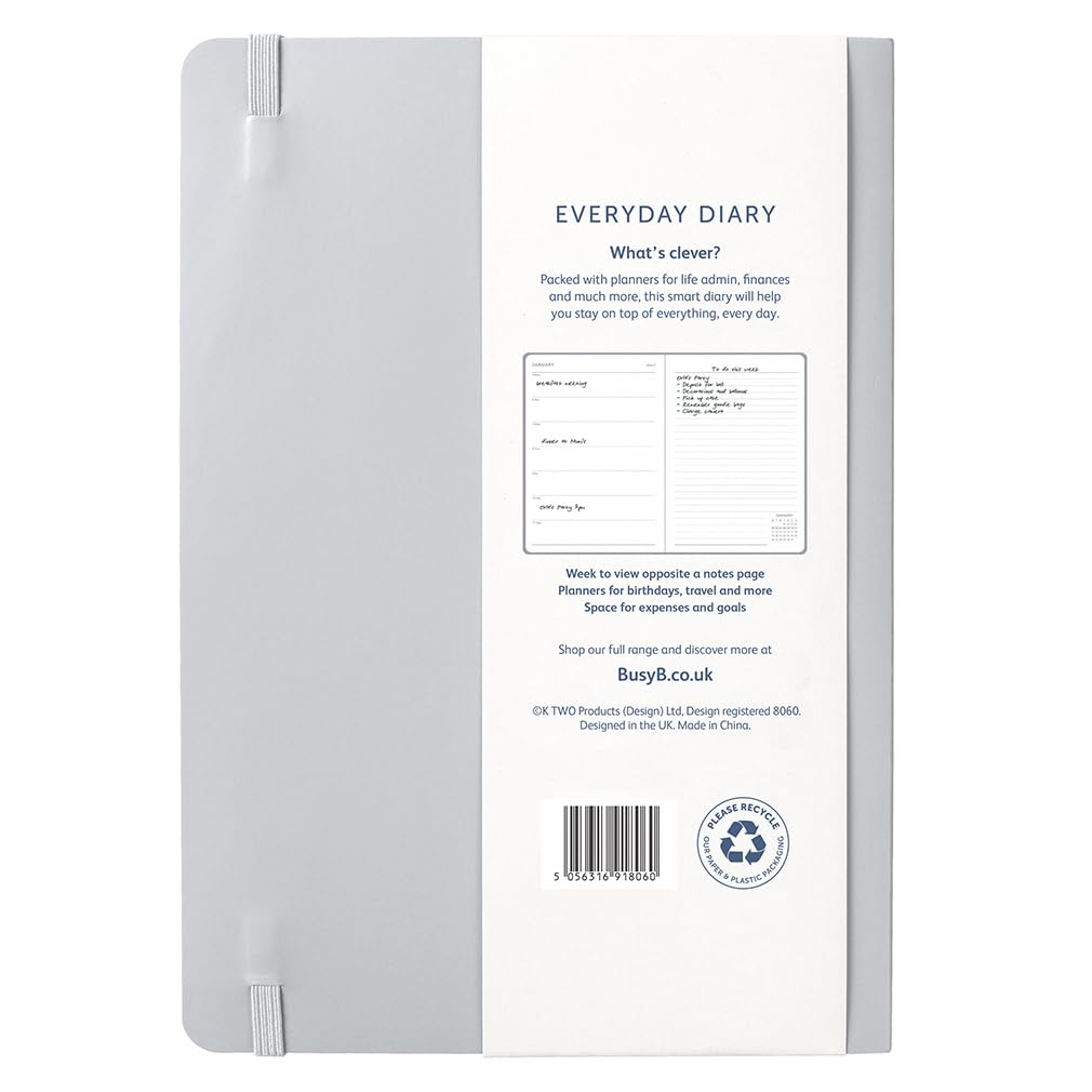 Busy B Everyday A5 Weekly Planner Diary 2026 - Compact Diary for Students, Teachers, Work & More with a Week-To-View Layout, Useful Planners, Notes Pages & Elastic Closure Band - Grey Planner Jan-Dec image number 1