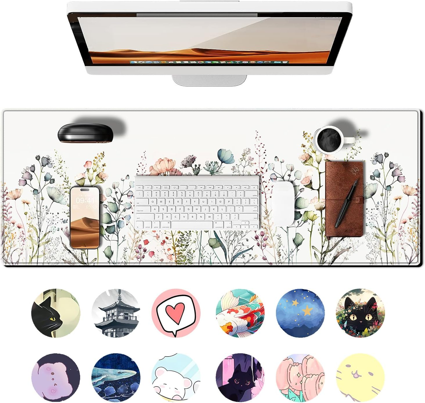 Flower Mouse Pad Large Desk Mat, 31.5X11.8 Inch Mousepad Extended Non-Slip Rubber Base Keyboard Mat with Stitched Edges for Desk Home Office image number 5