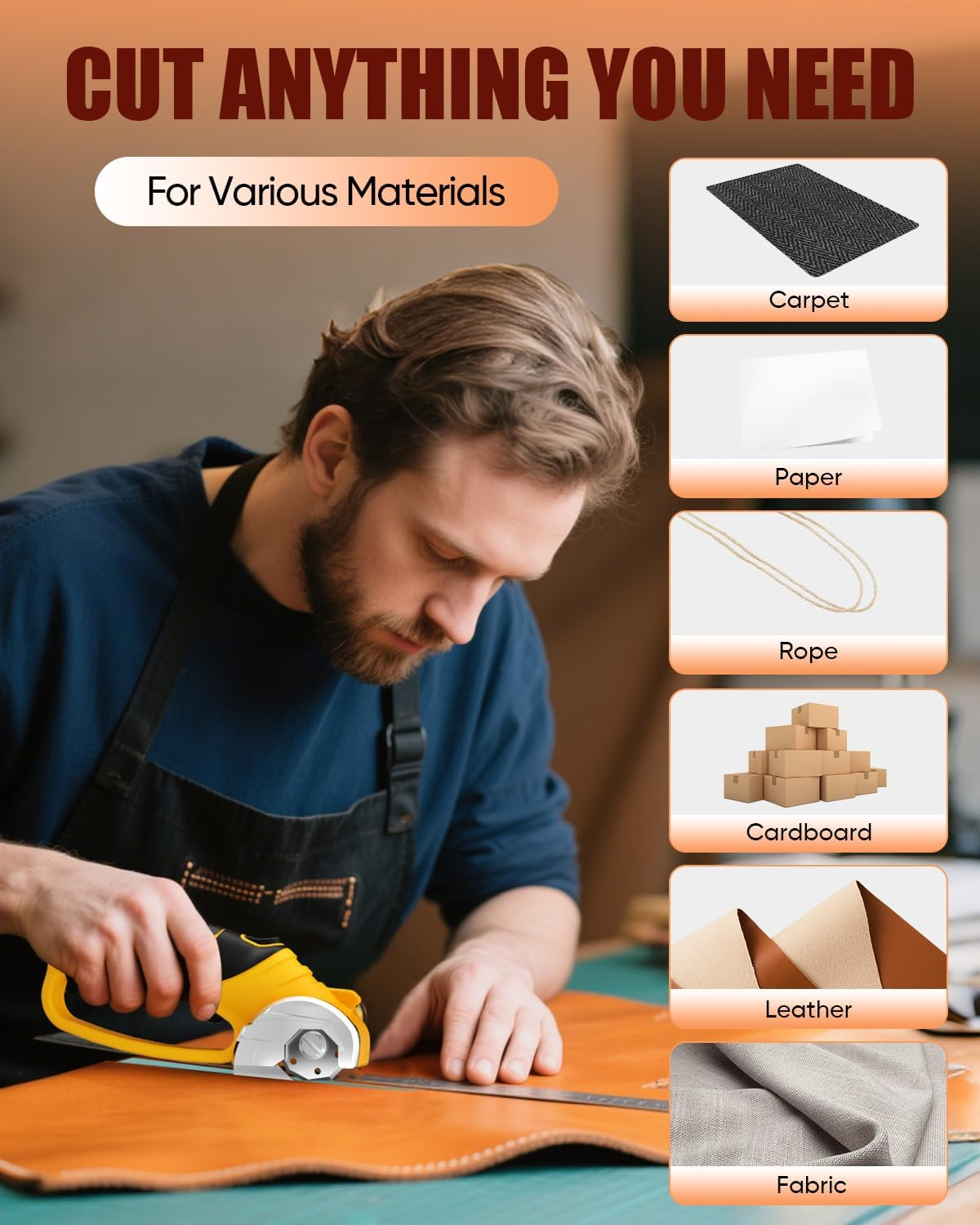 Cordless Electric Scissors, 4V Rechargeable Fabric Cutter with Safety Lock & Light, Heavy Duty Power Rotary Cutter for Leather, Carpet, Cardboard, Sewing & Crafting, 2 X Blades (Yellow) image number 3