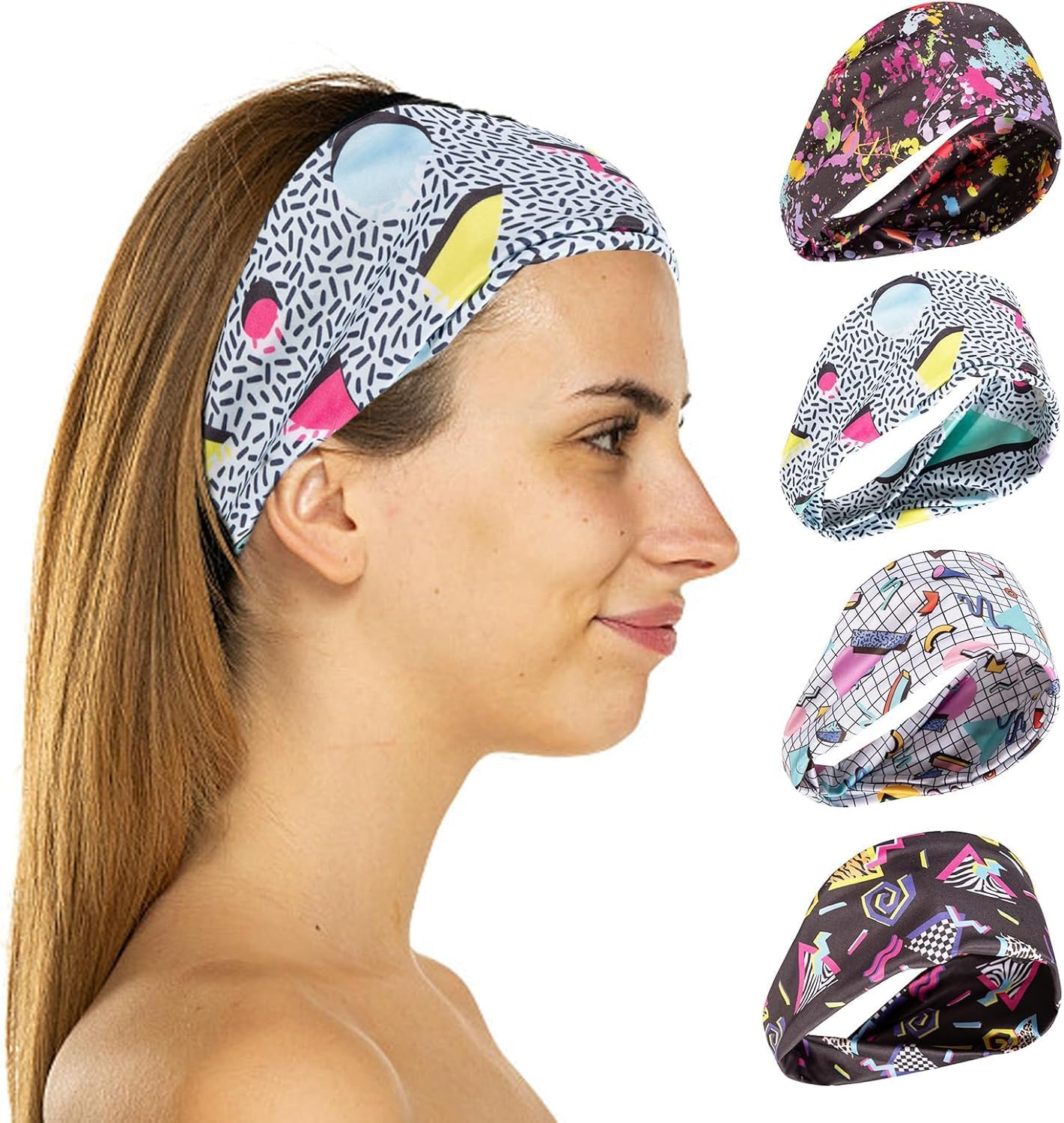 4 Pcs Neon 80S/90S Retro Headbands for Women and Men Wide Vintage Fashion Sweatbands for Travel, Hiking, Running image number 1