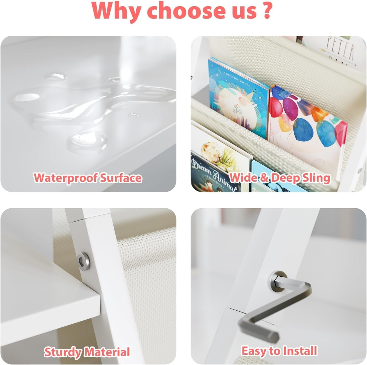 Kids Bookshelf & Toy Organizer, 85Cm Wide 3-Tier Montessori Storage System with Book Sling and Toy Storage Organizer (White)