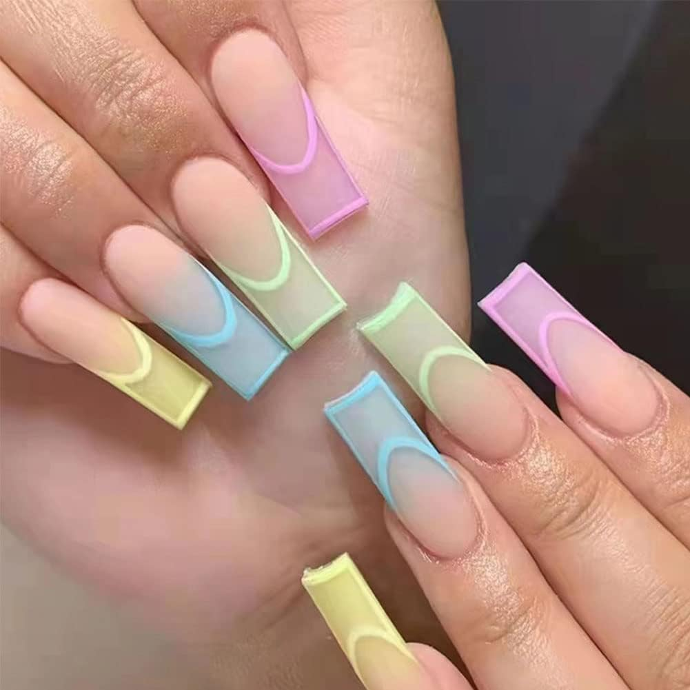 24PCS Cute Press on Nails Rainbow Coffin Fake Nails Full Cover False Nails Colorful Ballerina Nails Tips Acrylic Manicure with Glue for Women and Girls