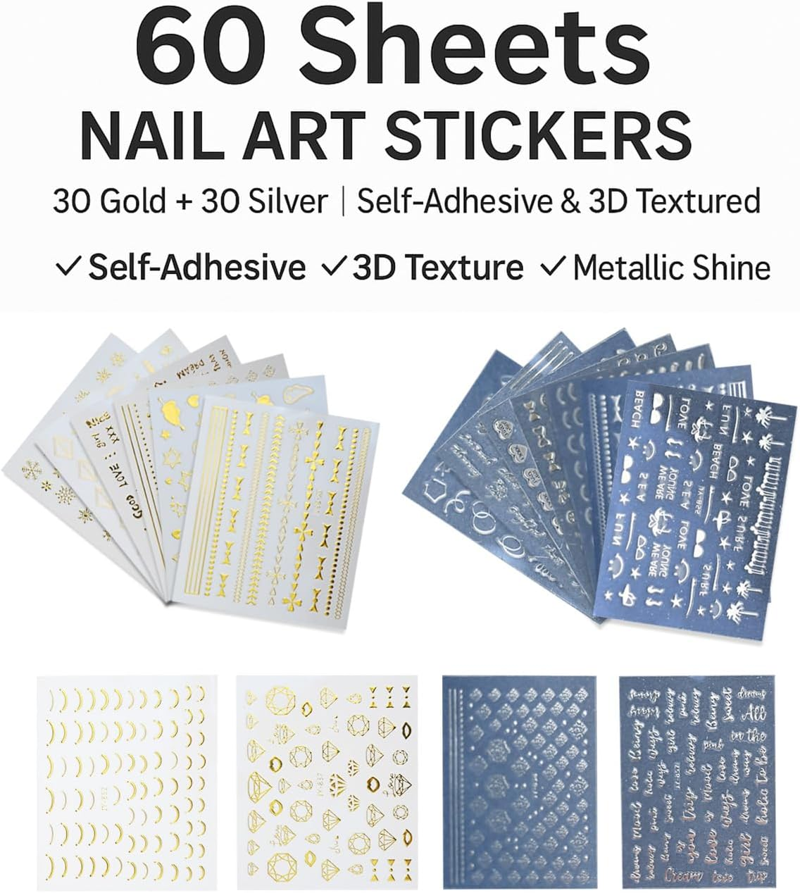 60 Sheets Gold Silver Nail Art Stickers, Star Moon Nail Decals Decor 3D Self Adhesive Geometric Stripe Wave Heart Stamp English Letter Nail Art Design Accessories for Women Girls image number 6