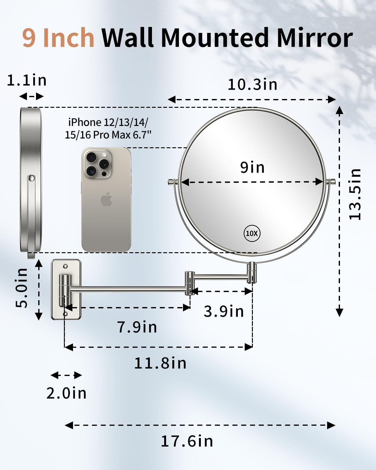 Benbilry 9" Large Size Wall Mounted Makeup Vanity Mirror, 1X/10X Magnifying Double Sided Shaving Mirror for Bathroom, 360&deg; Swivel Extendable Arm, Nickel Finish - Nickel-No Led image number 4