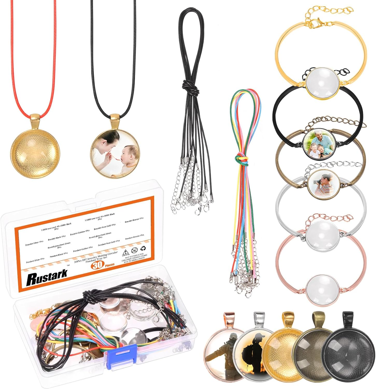 Rustark 100Pcs 5 Styles Pendant Trays Assortment Kit round Pendants Trays Set with Clear Glass Cabochon for Jewelry Making Crafting DIY Making