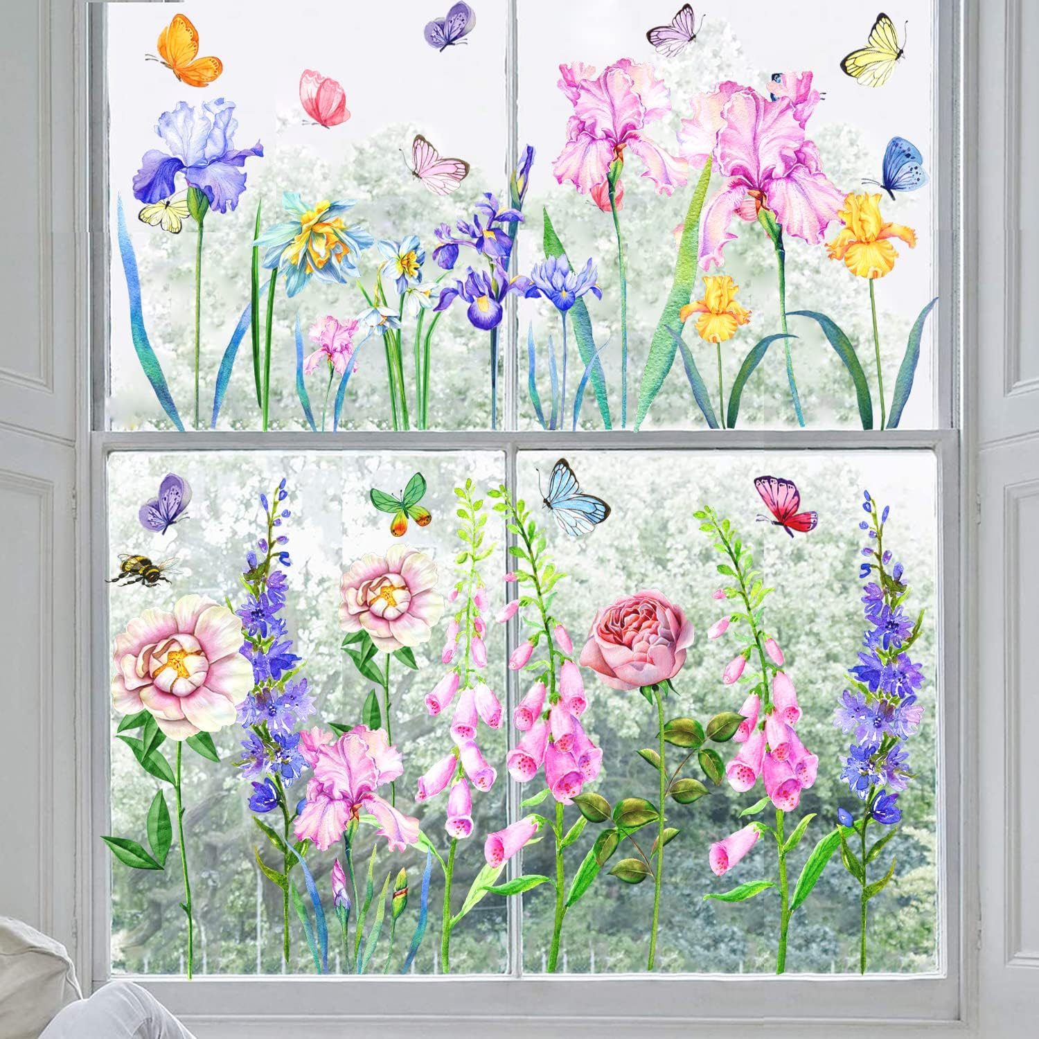 KOKOLAP Garden Flowers Window Clings,Flower Wall Stickers,Iris Florals Window Decals Peel and Stick,Green Leaves Wall Vinyl Decal,Butterfly Bouquet Wall Art Decor for Girls Bedroom Kitchen Living Room - Yellow image number 4