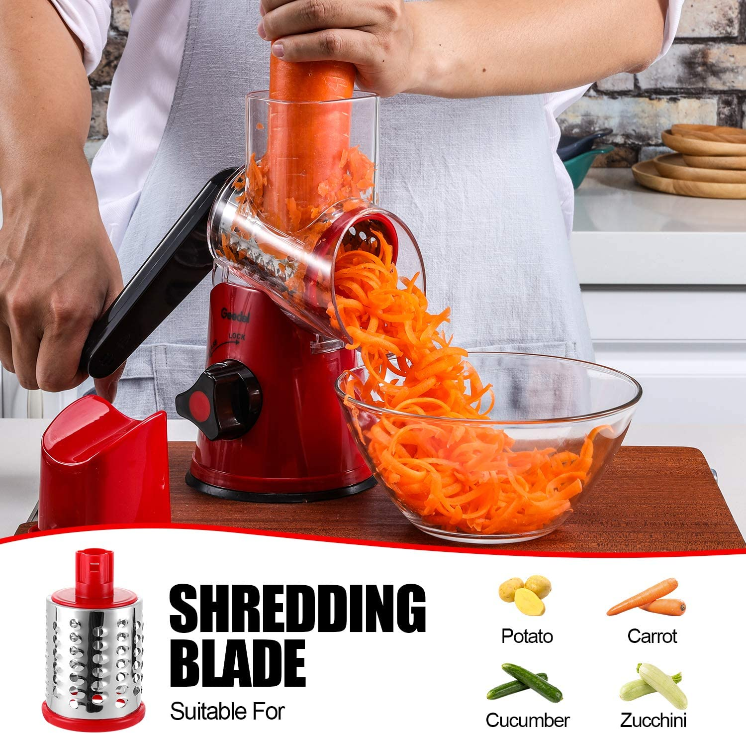 Geedel Rotary Cheese Grater, Kitchen Mandoline Vegetable Slicer with 3 Interchangeable Blades, Easy to Clean Rotary Grater Slicer for Fruit, Vegetables, Nuts image number 1