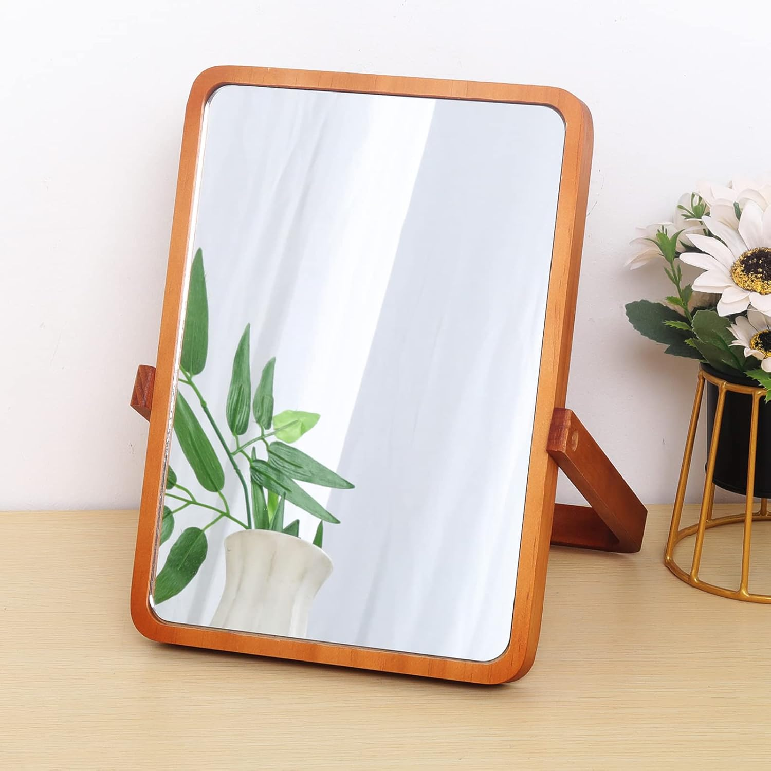 LONGSHENG - since 2001 - Wood Table Vanity Makeup Mirror - Rectangle Wall-Mounted Mirrors for Living Room,Bedroom image number 1