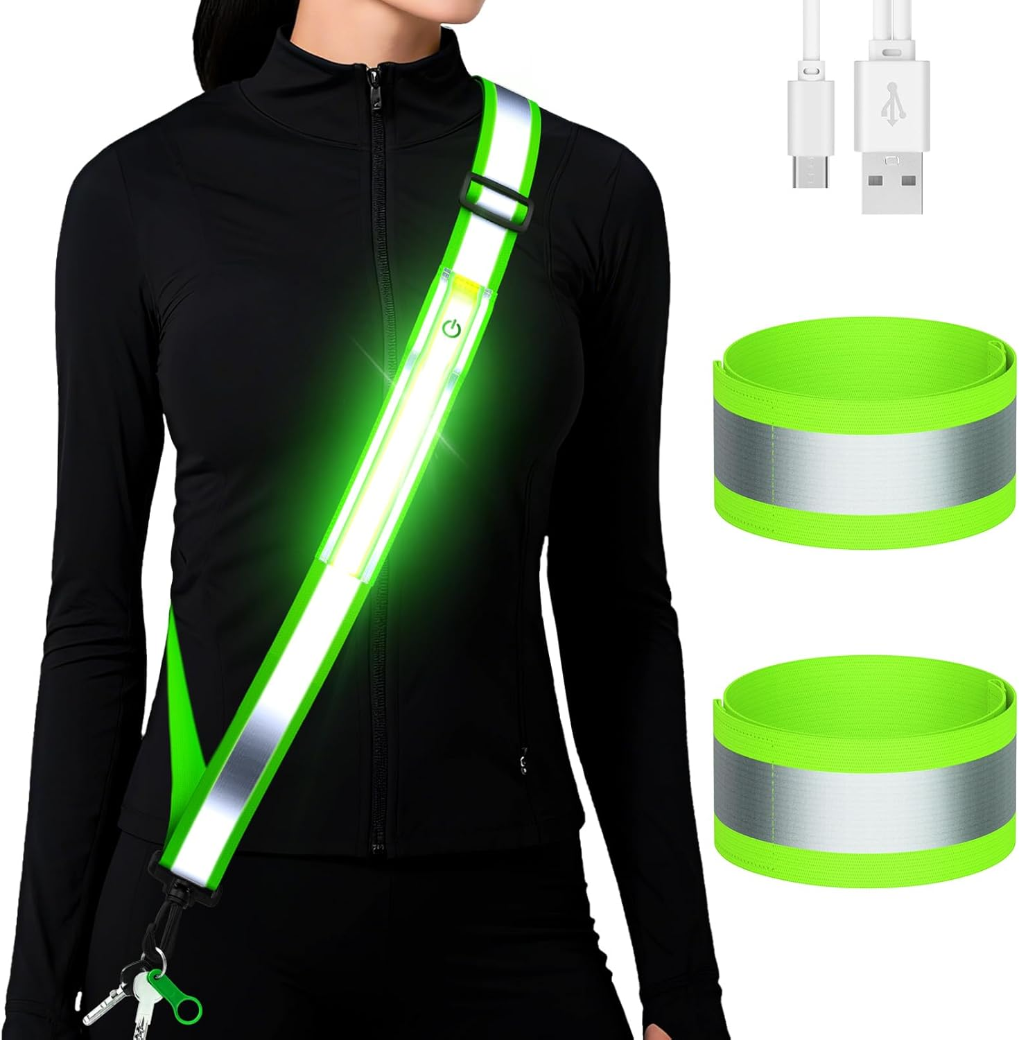 Fokia Kunbio LED Reflective Running Gear High Visibility Reflective Belt Sash with Armband for Walking at Night,Adjustable Running Safety Gear Light up Running Belt for Runners Walkers Men Women