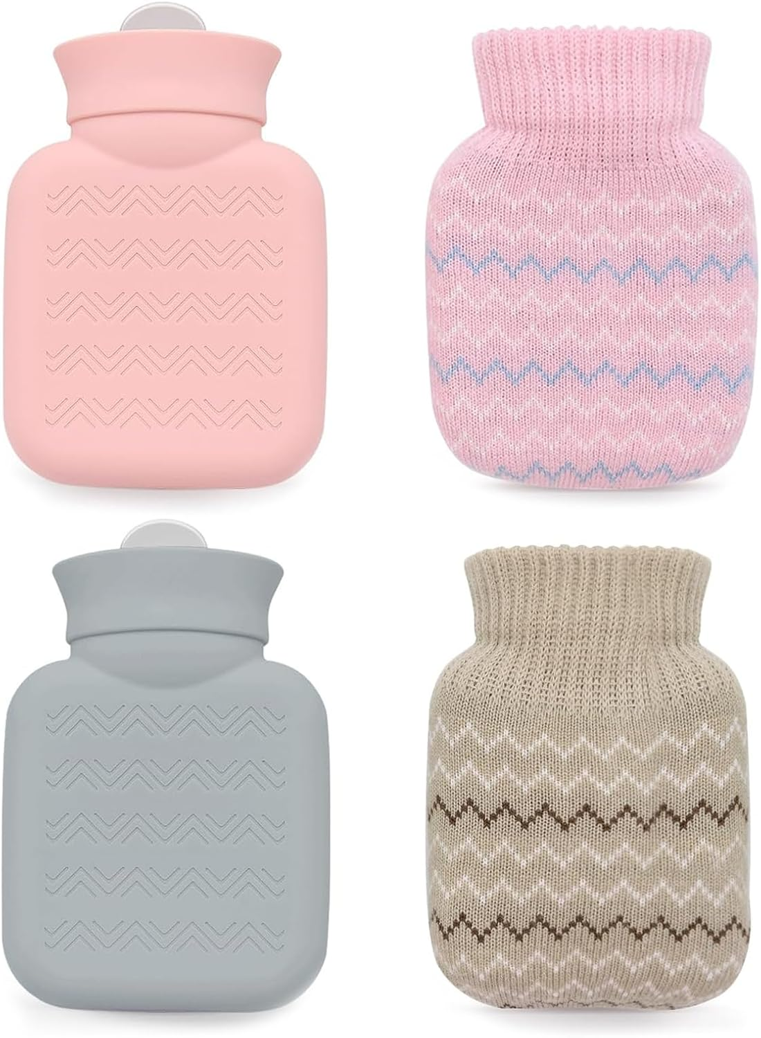 2PCS 320Ml Hot Water Bottle with Knited Cover, Mini Hot Water Bag for Pain Relief, Waist, Neck, Shoulders, Small Leak Proof Hot Water Bottle with Removable Cover for Women, Kids,Pink/Grey image number 2
