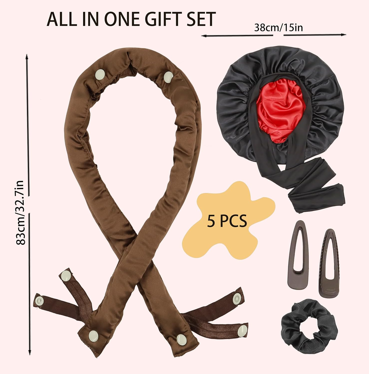 Satin Curling Iron without Heat - 3 Ways to Curl Hair, Blow Dry Curls without Heat Overnight, Curling Iron Set without Heat with Satin Hood for Sleeping (Brown & Black, One Size) image number 2