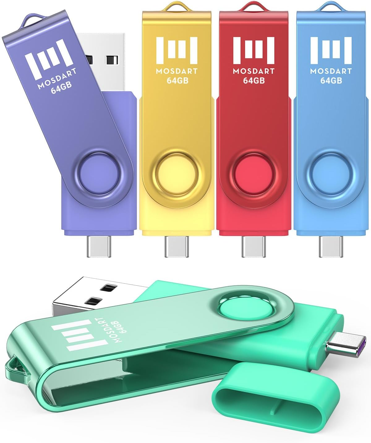 MOSDART 64GB USB 2.0 C and a Dual Flash Drive, Exfat Memory Stick, for Iphone 15 and 16, Android Phone, Ipad, Macbook, and Other Laptops, Vibrant Colors (Pack of 5) image number 3