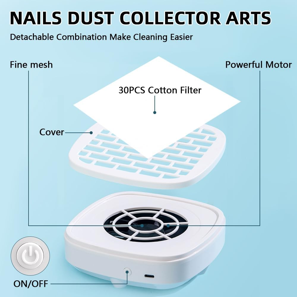 Nail Dust Collector with 30PCS Filter Pads and Nail Dust Brush, Vacuum Fan Dust Collector for Beginner Mini Dust Suction Machine Manicure Pedicure Tool for Acrylic Nail Polishing for Home Use image number 2