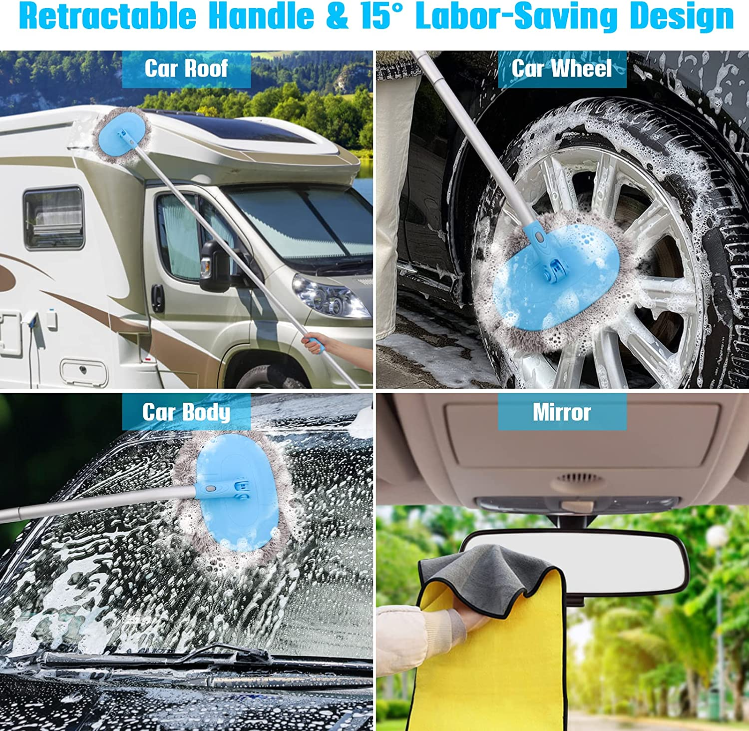 Beedove 64'' Car Wash Brush Mop Kit, 180&deg; Rotatable Microfiber Car Cleaning Kit with Long Handle, Chenille Car Wash Mop Cleaning Tool Kit for Clean RV SUV Truck Household