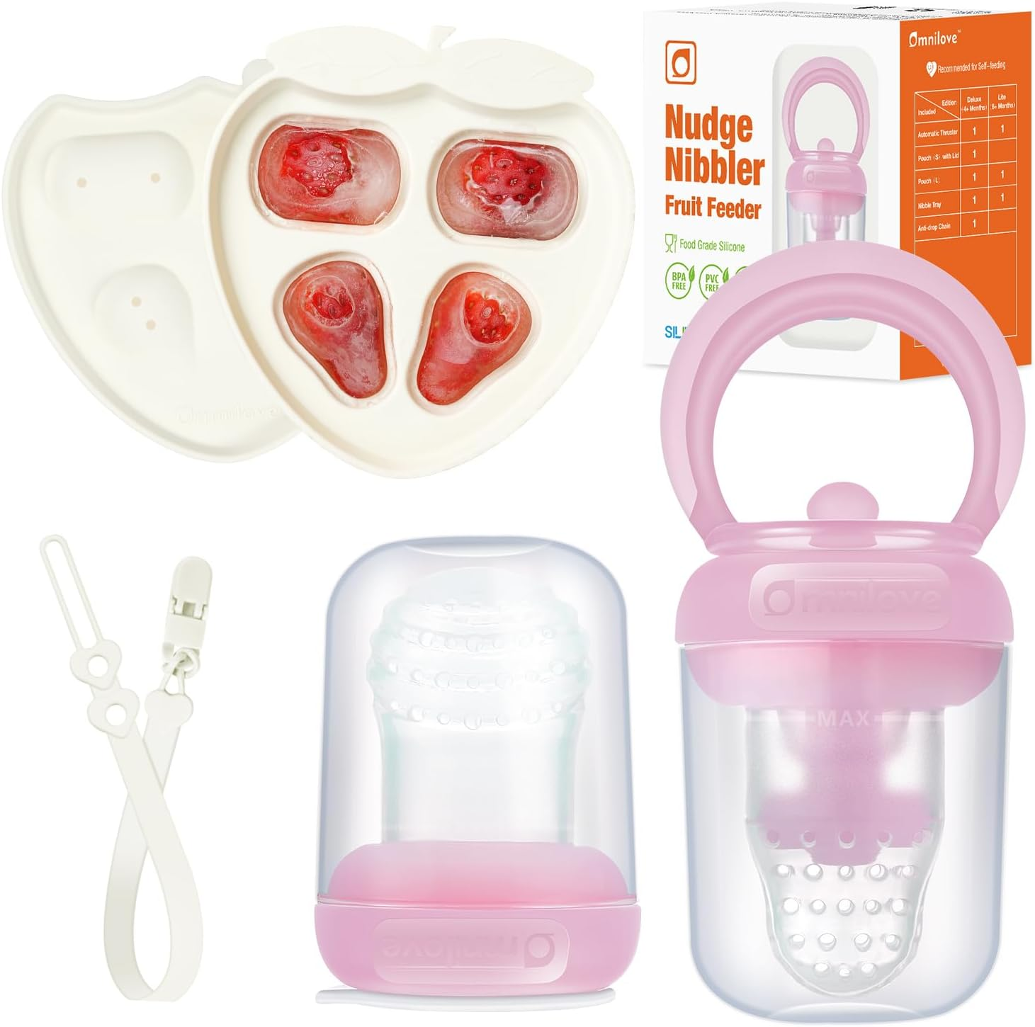 Baby Fruit Feeder & Popsicle Molds Tray Combo, New Born Must Haves and Babies Led Weaning Supplies for Safe Infant Self Feeding, 6+ Month (Pink)