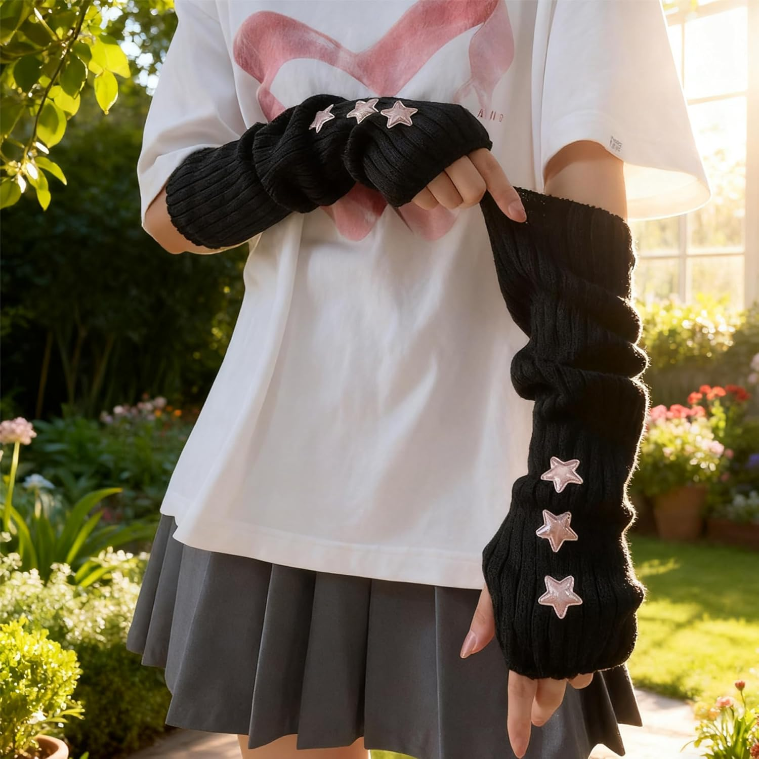 Arm Warmers Y2K Knit Black Arm Warmers with Star Embellishments Kawaii Clothes Cool Girls Gothic Grunge Accessories One Size image number 1