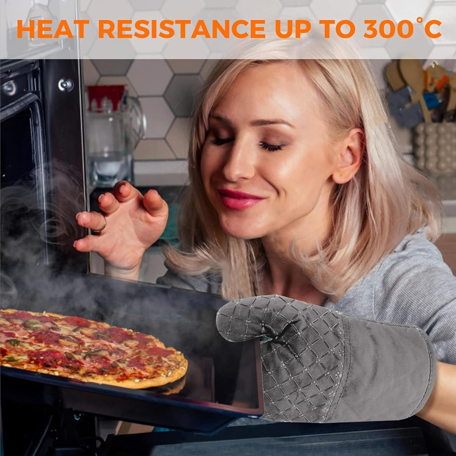 LF Line 2 Pcs Long Oven Mitts Heat Resistant for Kitchen, Kitchen Oven Gloves with Non-Slip Silicone Stripe Soft Cotton Lining, Silicone Oven Mitts for Cooking Baking BBQ Grey - Grey image number 5