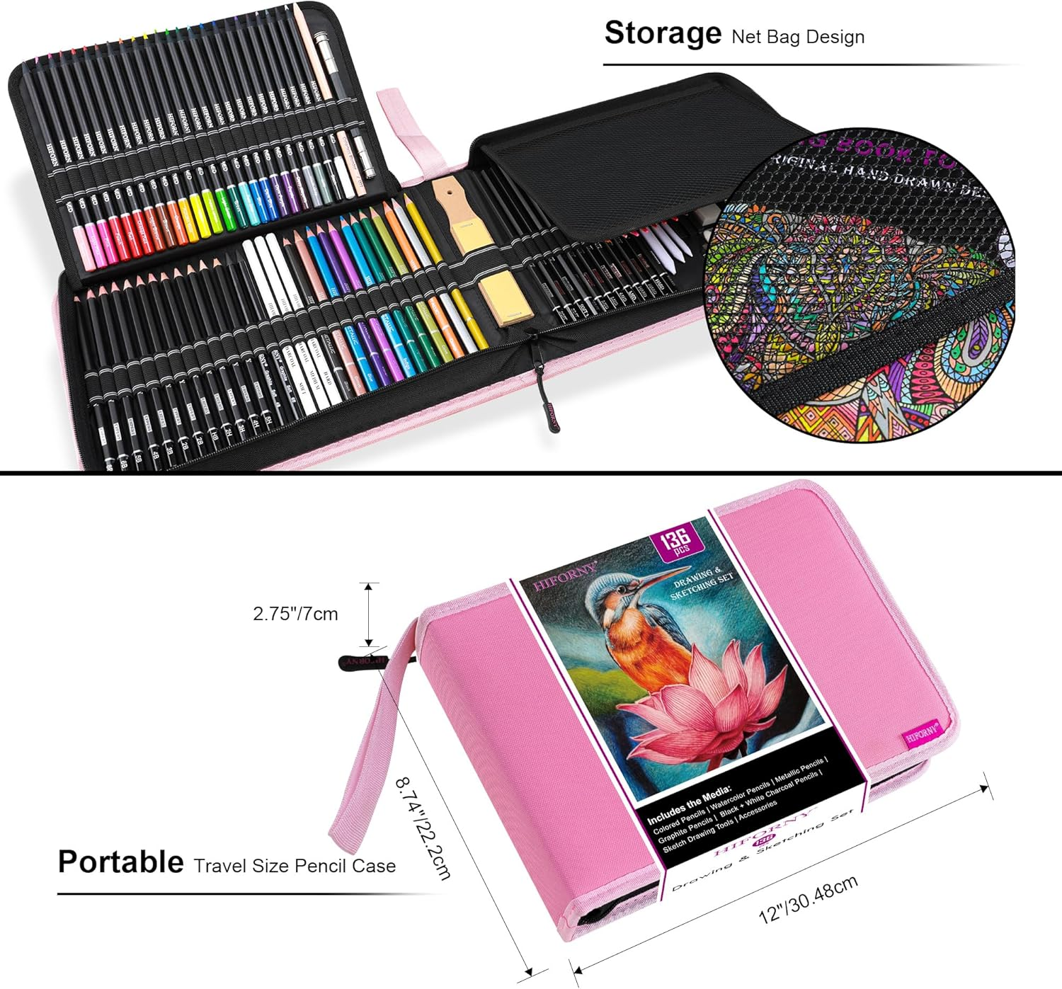 HIFORNY 136 PCS Drawing & Sketching Set,Pro Art Supplies with Graphite,Charcoal,Colored,Watercolor,Metallic Pencils,Blending Tools,Sketchbook,Watercolor Book and Coloring Book in Zipper Case (Pink) image number 5