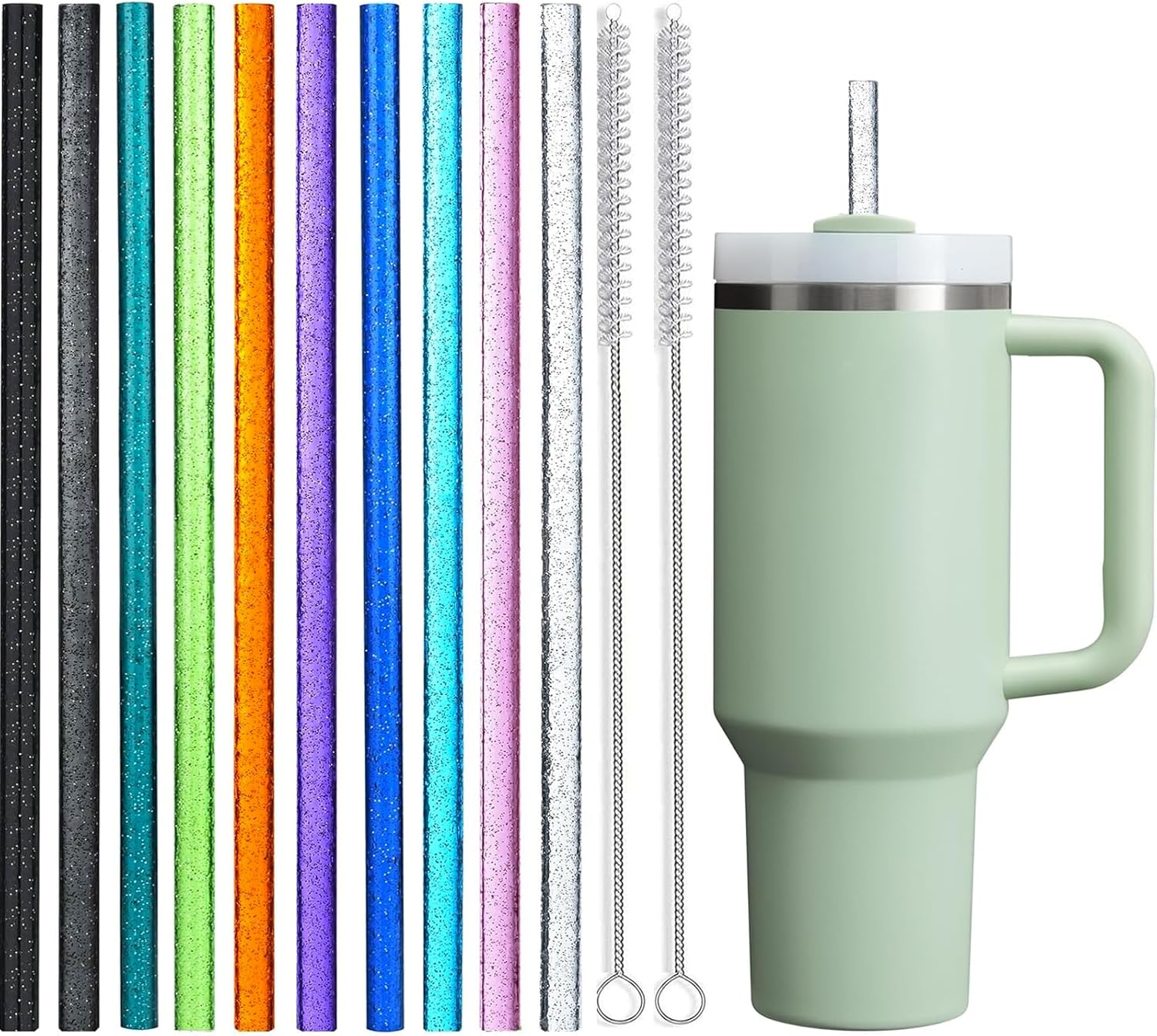 ALINK 10 Pack Glitter Straws for Stanley 40 Oz 30 Oz Tumbler, 12 in Long Reusable Plastic Colorful Straws for Stanley Cup Accessories, Half Gallon Jug, plus 2 Cleaning Brush
