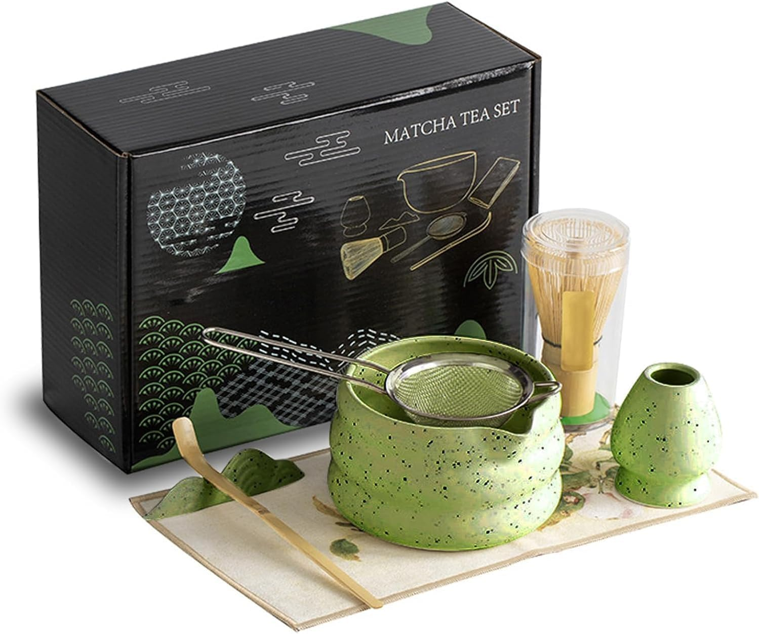 Matcha Whisk Set, Ceramic Matcha Set Includes Matcha Bowl, Matcha Whisk and Holder, Bamboo Scoop, Scoop Rest, Sifter and Tea Towel - 7 Pcs Matcha Kit for Matcha Lovers (White)