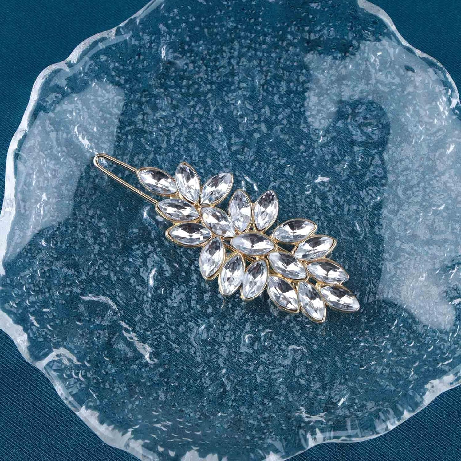 Yheakne Vintage Crystal Leaf Hair Clip Pin Gold Rhinestone Hair Clip Pin Shiny CZ Leaf Hair Clip Crystal Head Clip Decorative Bobby Pins Hair Accessories for Women and Girls (Gold)