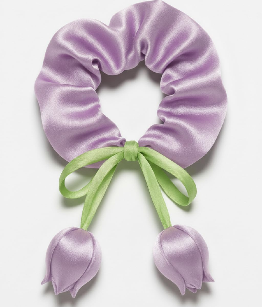 LIVSY Korean Style Sweet Satin Tulip Ribbon Scrunchie &ndash; Silk Scrunchie Hair Tie with Floral Bow & Hanging Buds | Kitsch Beauty Hair Accessories for Women & Girls, Cute Hair Clips & Stylish Hair - Purple