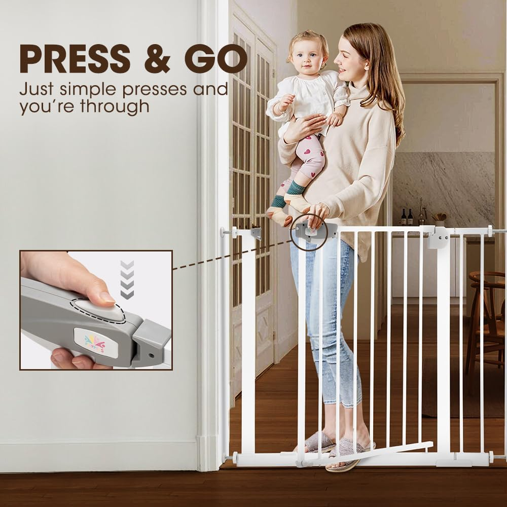 Playpals Baby Gate for Babies, Elders and Pets, 85-94 CM Auto Close Baby Safety Gate for Doorways Stairs, Pressure Mounted Walk through Safety Stair Gate, No Drill, 76 CM Tall, White image number 1