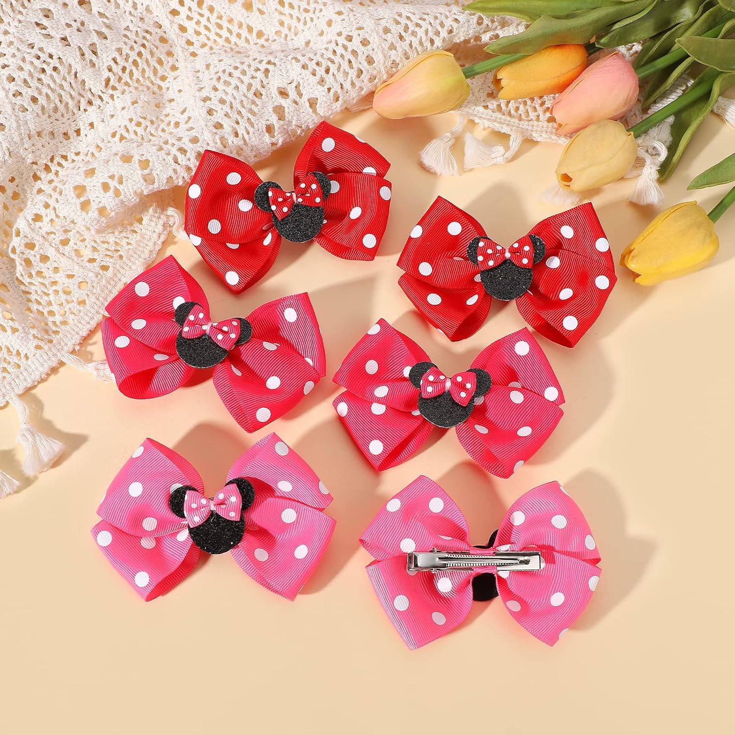 Baby Hair Accessory Set: 6 Piece Mouse Ear Bows and Clips for Girls, Women - Birthday, Party, or Everyday Wear