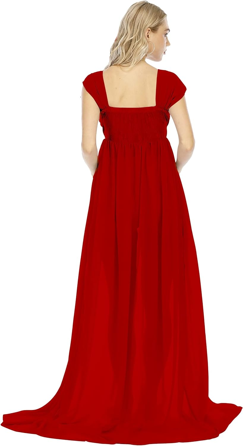 MYKAGS Maternity Dress for Photography off Shoulder Chiffon Gown Split Front Maxi Pregnancy Dresses (Red) image number 4