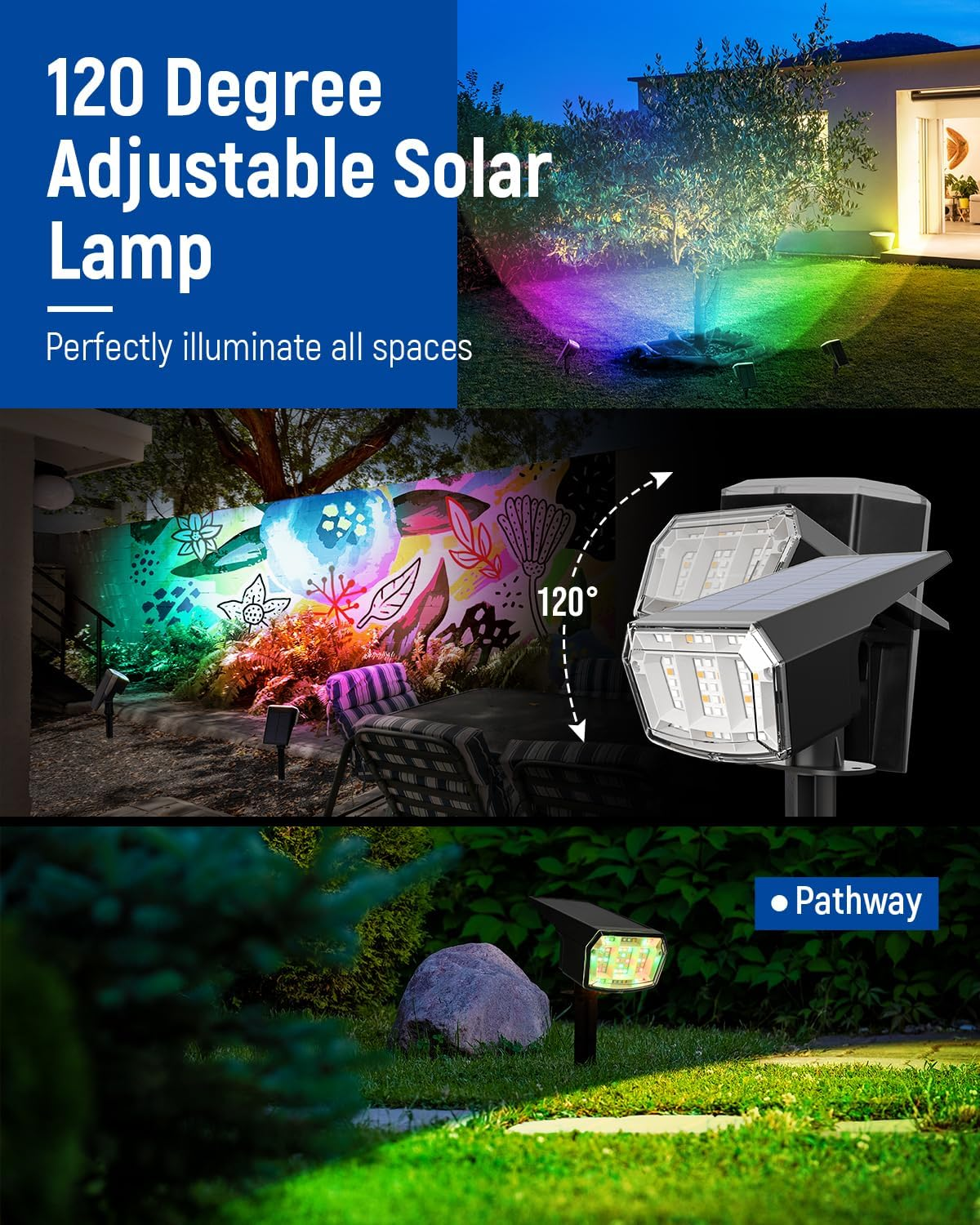 Solar Spot Lights Outdoor, 9 Lighting Modes RGB, Solar Lights Outdoor Waterproof IP65, 63 LED Landscape Spotlights for Holiday Decorations image number 3