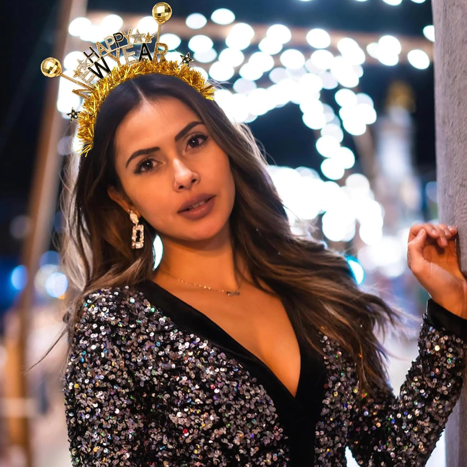 FAERLIIRY Happy New Year Headband 2024 New Years Headband for Women Girls Disco Ball Glitter Headpiece Holiday Headbands Hair Accessories New Year'S Eve Celebration Party Gifts (Happy New Year) - Purple Green Gold image number 3