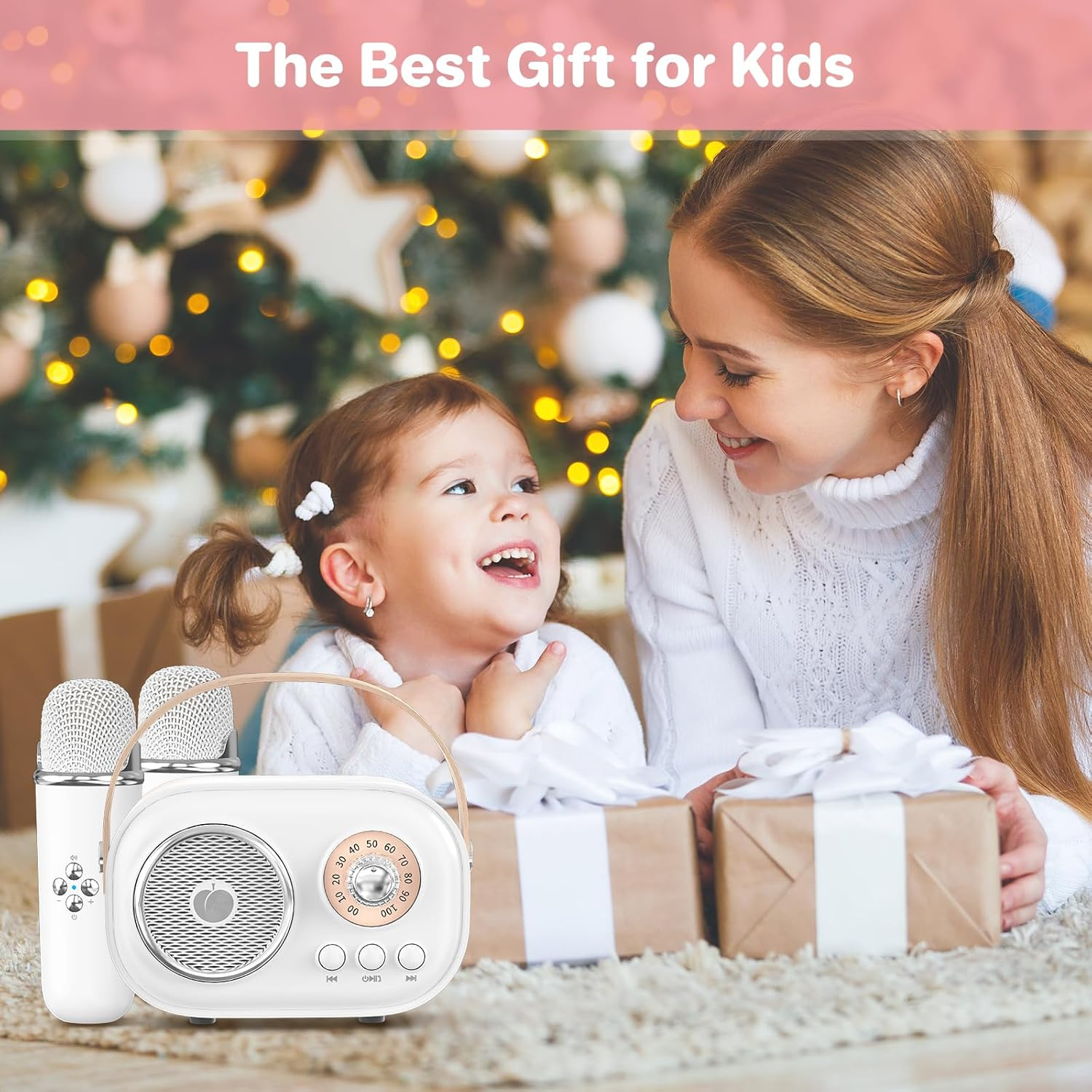 Mini Karaoke Machine for Kids Adults,Portable Bluetooth Speaker with 2 Wireless Microphones, Gifts Toys for Girls 3, 4, 5, 6, 7, 8+ Years Old Toddler Teens Birthday Family Home Party (White) - Beige image number 6