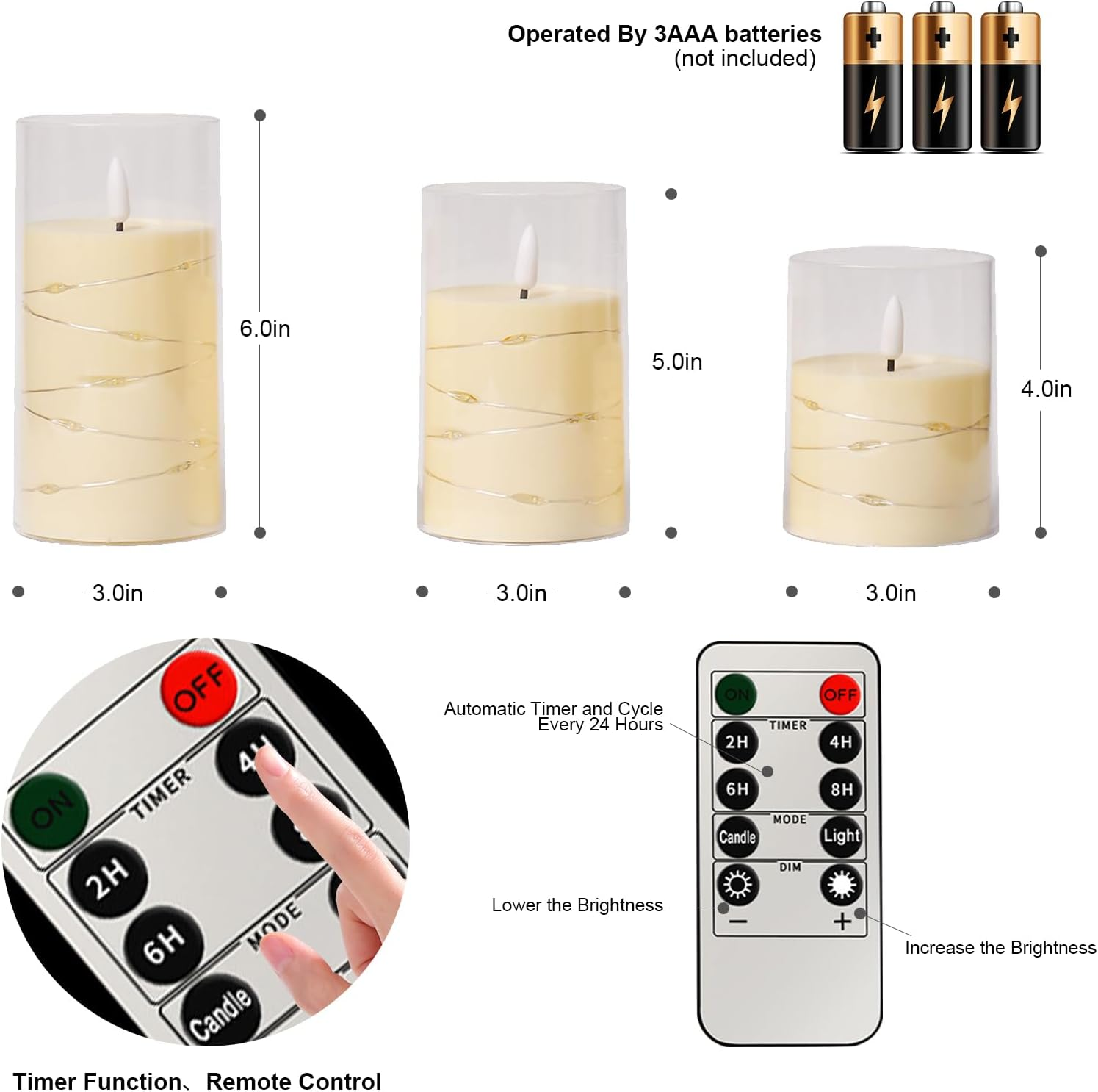 Flickering Flameless Candles: Built-In Star String Lights Unbreakable 3D Wick Acrylic Battery Operated LED Pillar Candles, for Romantic Home/Wedding/Room Decor(4" 5" 6") image number 5