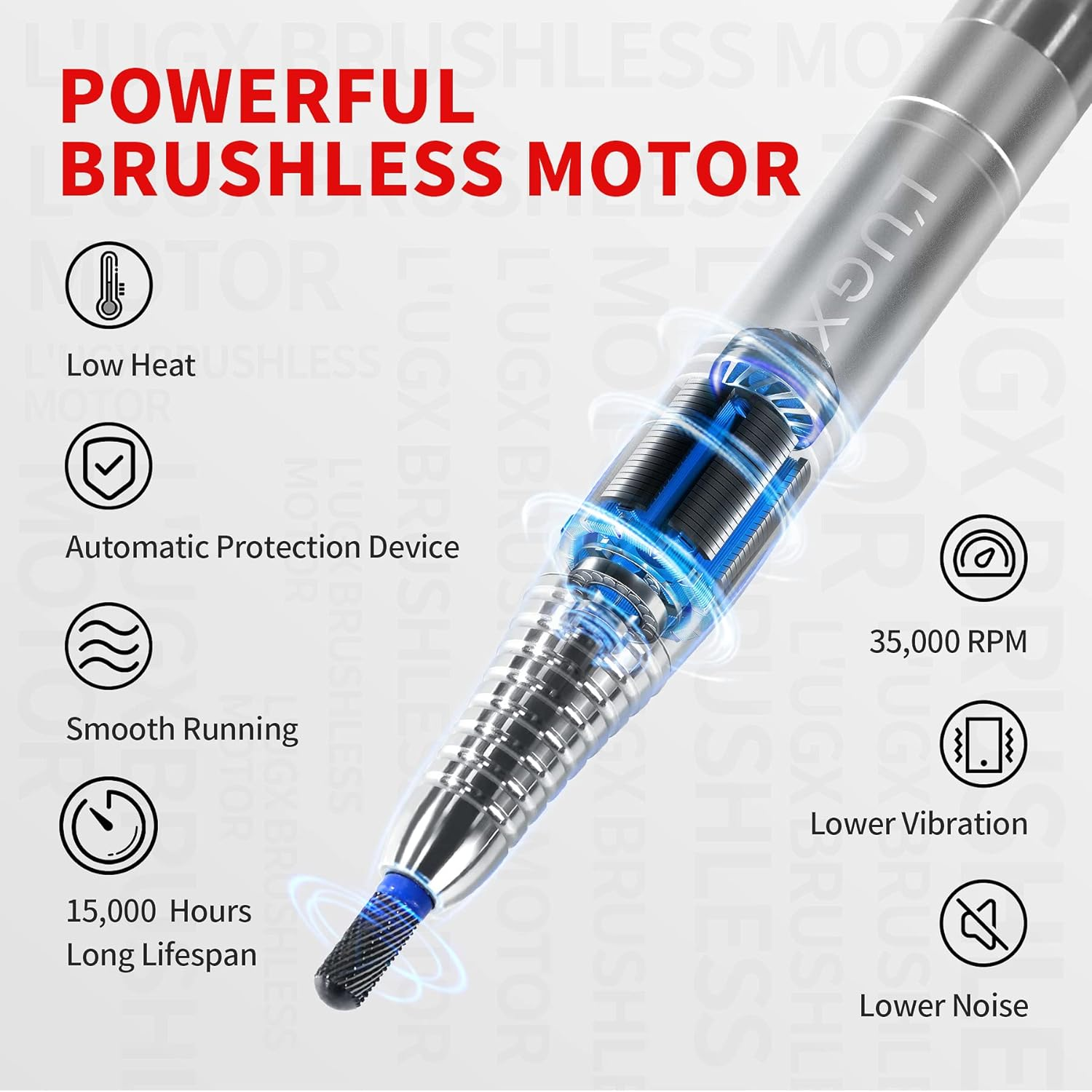 L'UGX Professional Brushless Nail Drill Machine, 35000RPM Rechargeable Cordless Nail Drill, Portable Electrical File for Acrylic, Gel, Manicure Pedicure, Perfect for Home and Salon Use image number 2