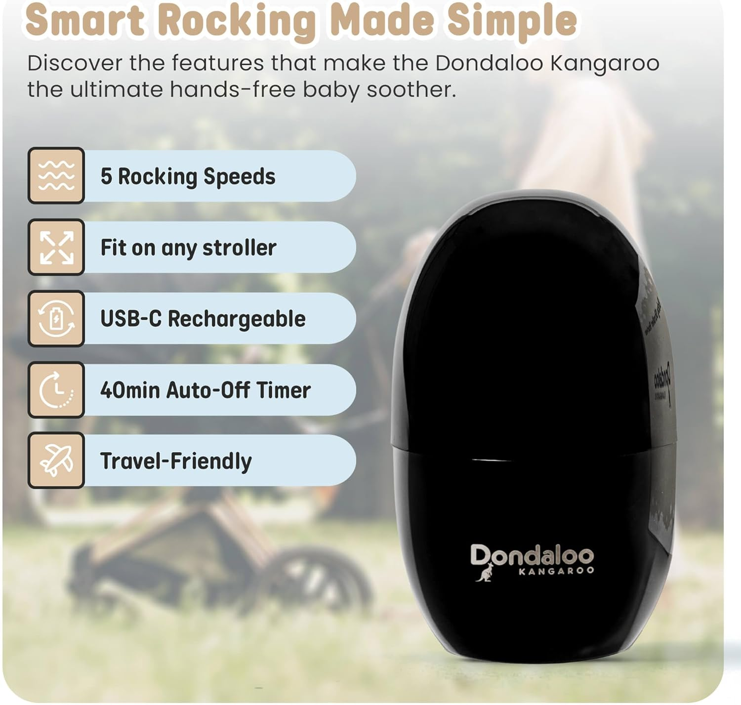Dondaloo Kangaroo Baby Rocker &ndash; Portable Sleep Aid with 5 Adjustable Speeds, Auto-Off Timer, USB-C Rechargeable &ndash; Hands-Free Rocker Gently Soothes Any Stroller, Pram or Pushchair image number 4