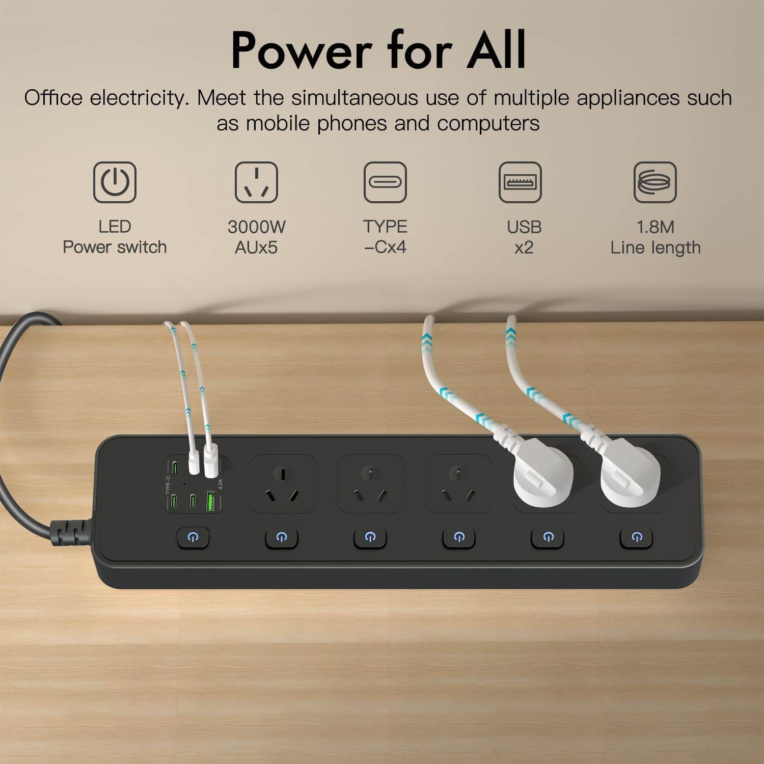 Power Board Individual Switches, 3M Extension Cord Power Strip with 5 AC Outlets, 2 USB a and 4 USB C PD30W Super Fast Charging, Wall Mount Surge Protector for Home Office Dorm (Black, 3M)