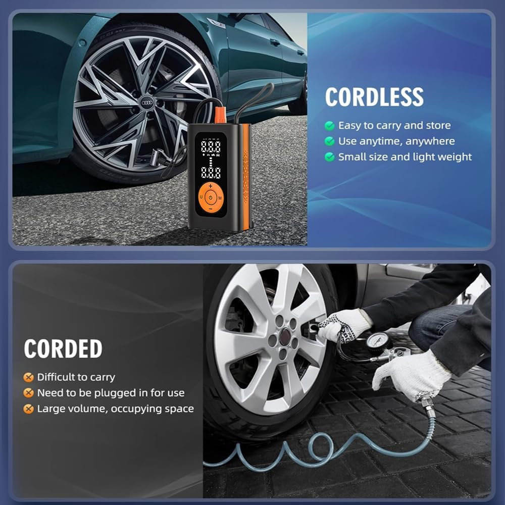 Tyre Inflator Portable Air Compressor,Cordless Air Pump,Led Lighting and Accurate Pressure,1 Min Fast Inflate,Electric Tire Pumpwith LCD Digital Tyre Electric Bike Pump for Car,Bike,Balls,Motorcycle image number 1