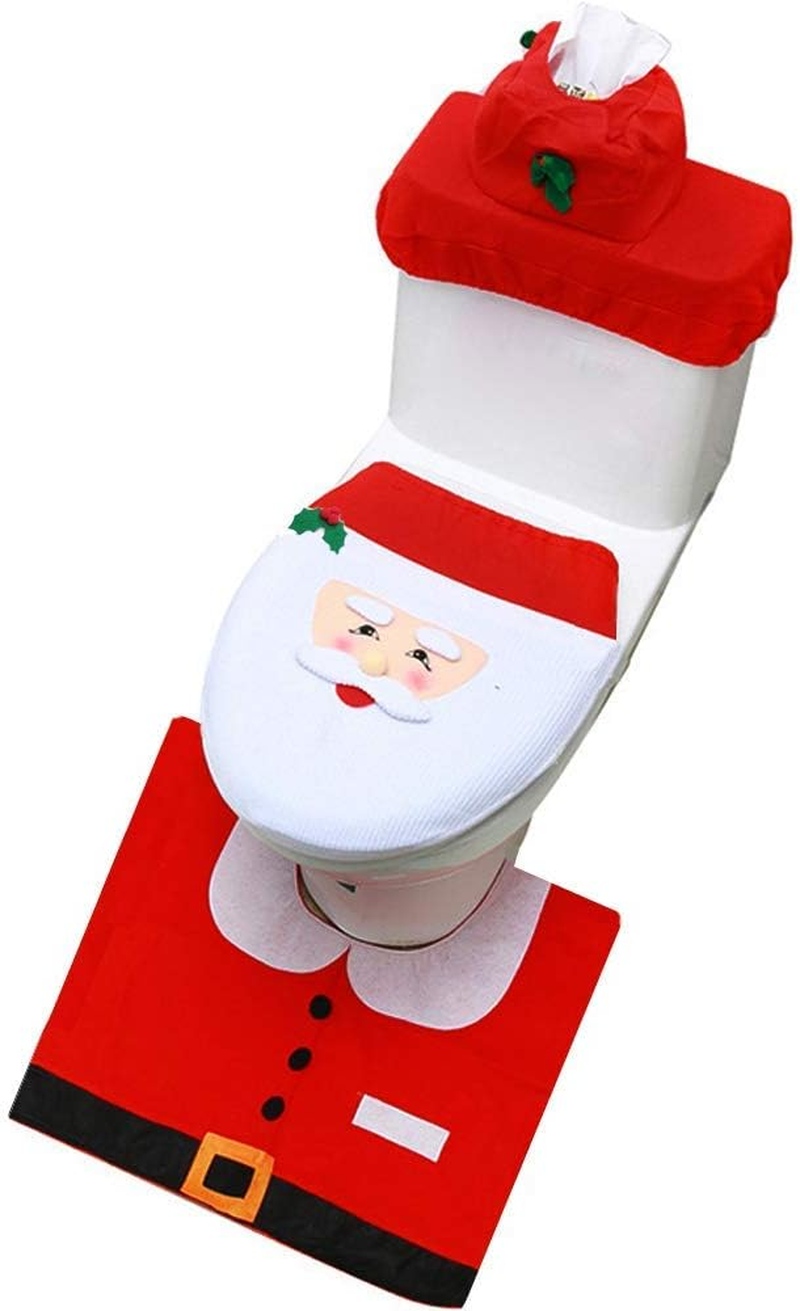 Toilet Seat Cover and Rug Set with 3D Nose Santa Claus Tank Lid Cover, Floor Rug Mat and Tissue Box Cover for Christmas Bathroom Decoration - Set of 3 image number 1