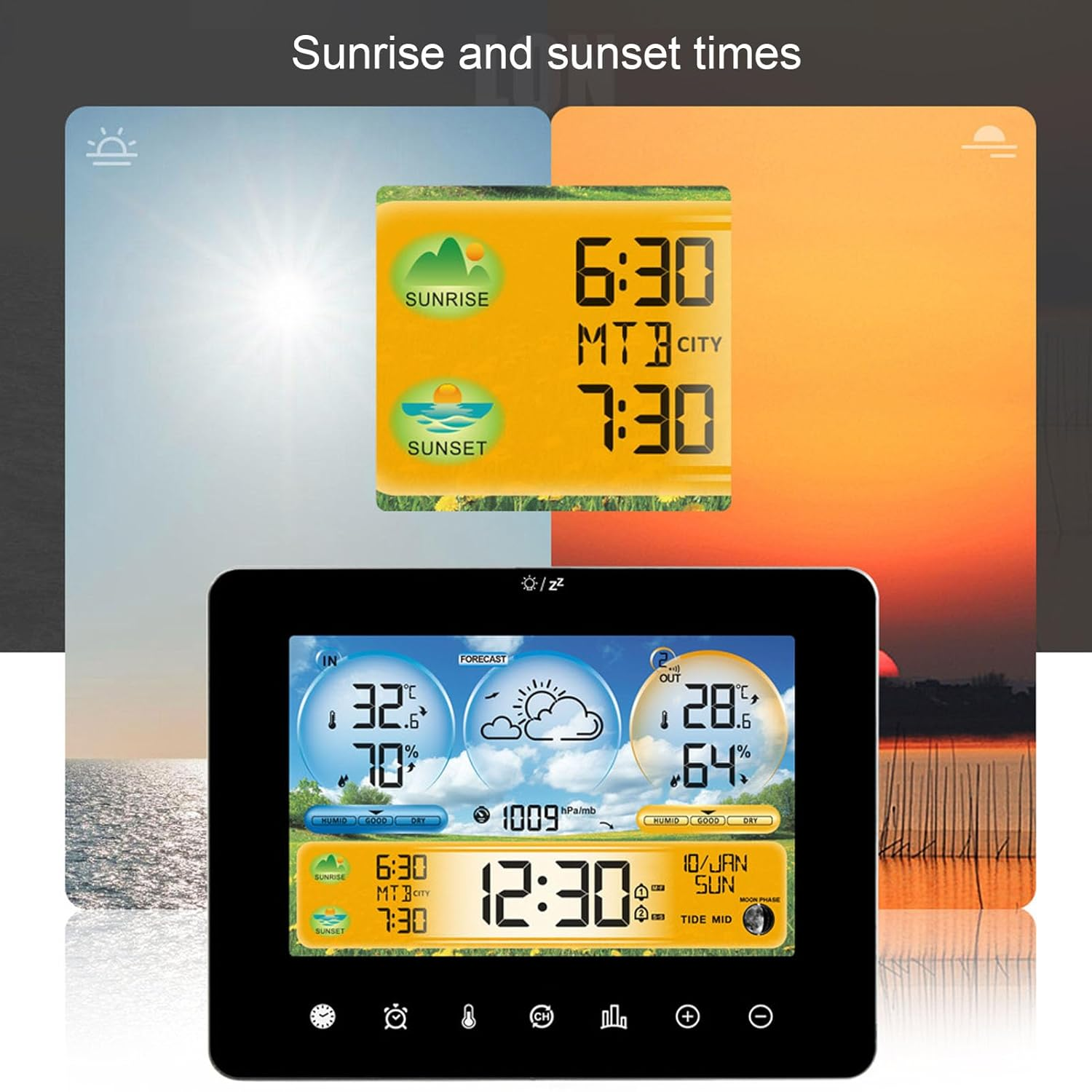 Zerodis Weather Forecast Station Clock,Indoor Outdoor Touch Digital Time RF Sensing Hygrograph Thermometer Humidity Meter Weather Monitor Alarm Clock for Living Room Baby Room Garage image number 4