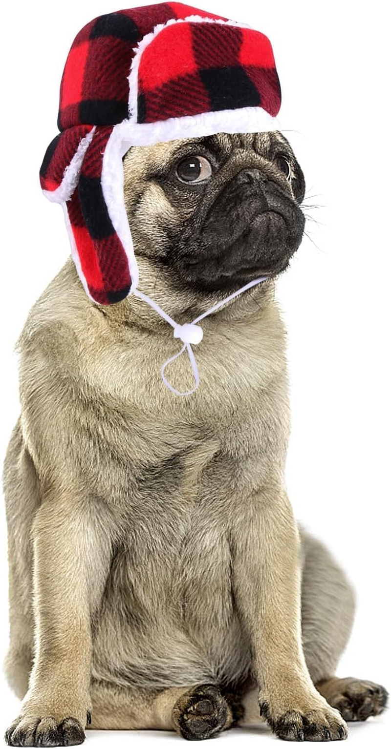 Christmas Dog Hat with Earmuffs,Warm Winter Dog Hat with Adjustable Elastic Band,Red Plaid Pet Cap,Pet Ears Warm,Snood Head Wrap,Xmas Dog Headwear,Christmas Dress up Costume Hat (Red, One Size) image number 1