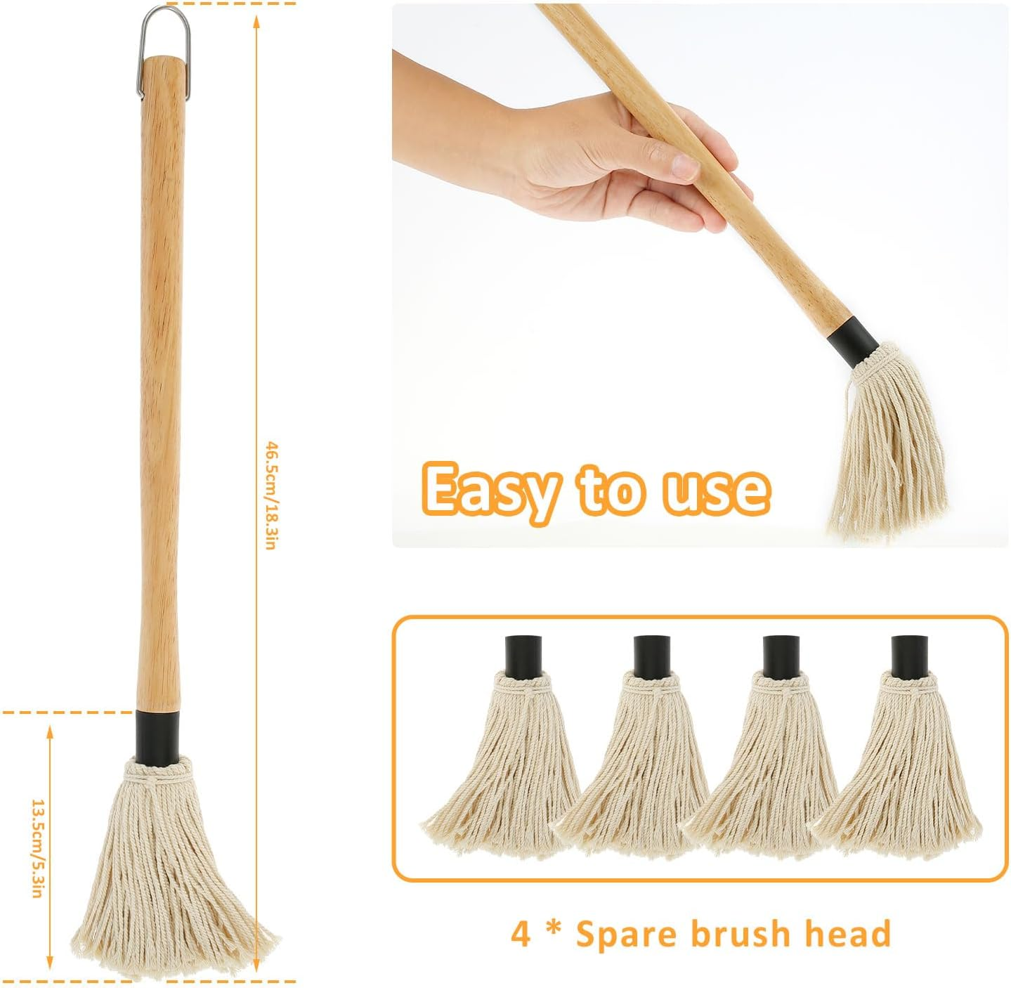 Grill Basting Mop with 4 Cotton Fibers Replacement Heads Barbecue Basting Brushes Wooden Long Handle Reusable Dishwasher Safe Basting Brush for BBQ Sauce Smoking Steak 18.3&times;5.3In image number 2