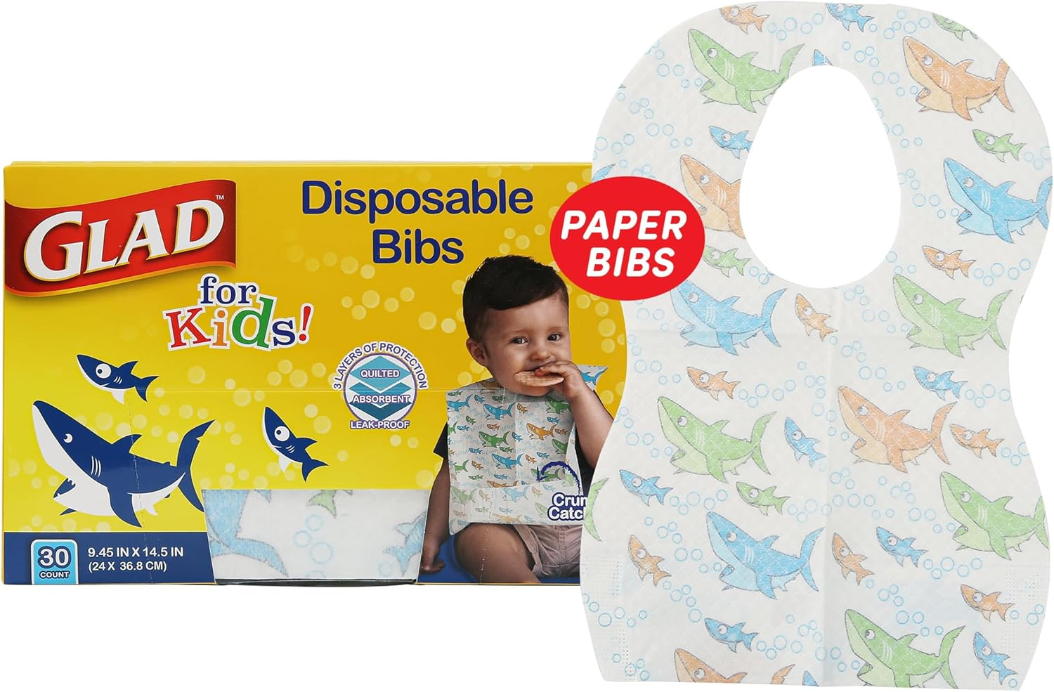 Glad for Kids Shark Disposable Paper Bibs with Crumb Catcher for Feeding - Absorbent and Leakproof Eating and Travel Essentials for Mess-Free Meals, 30 Count