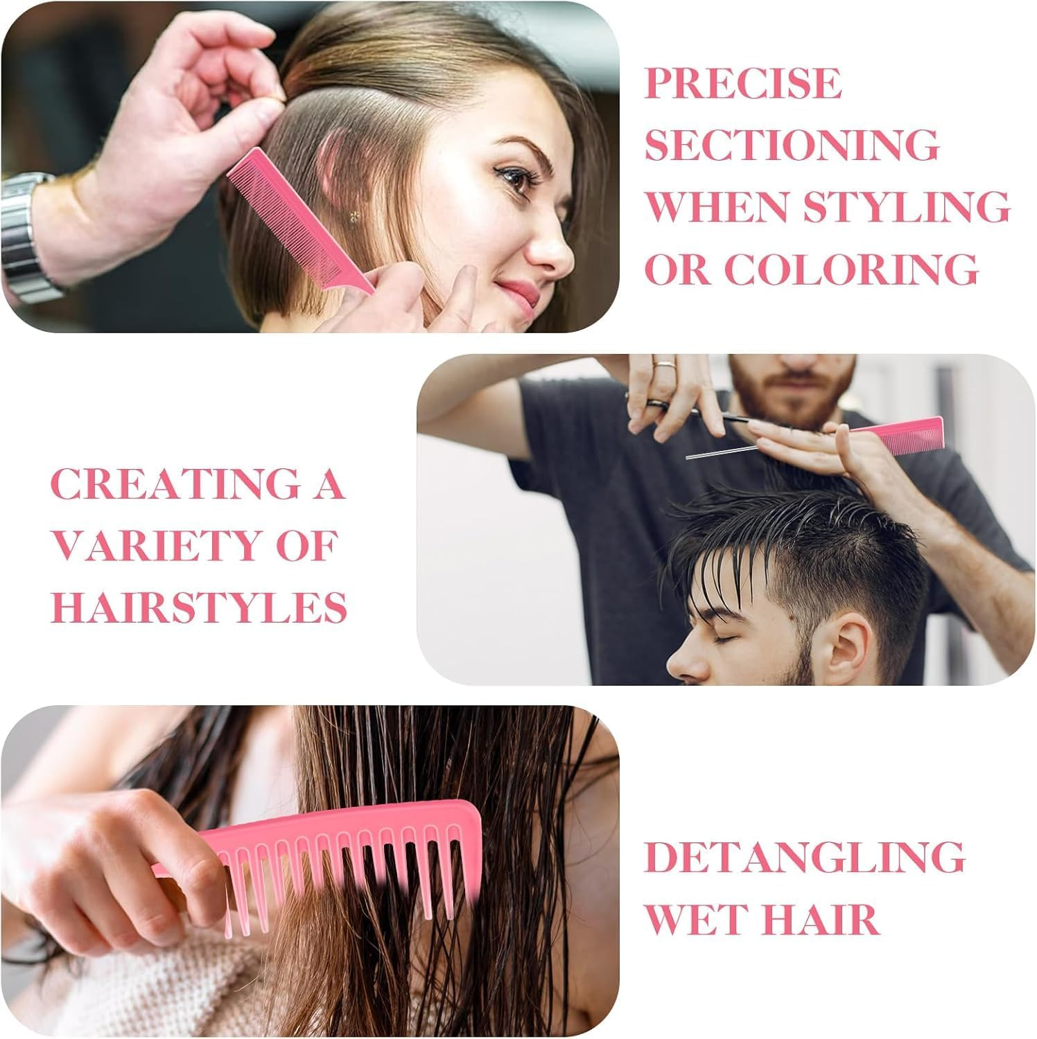 Hair Brushes Set, Curl Defining Boar Bristle Detangling Hair Comb Set for Women Men with round Brush, Wide-Tooth Comb, Rat Tail Comb, Scalp Shampoo Brush and Satin Scrunchie (Pink) image number 6