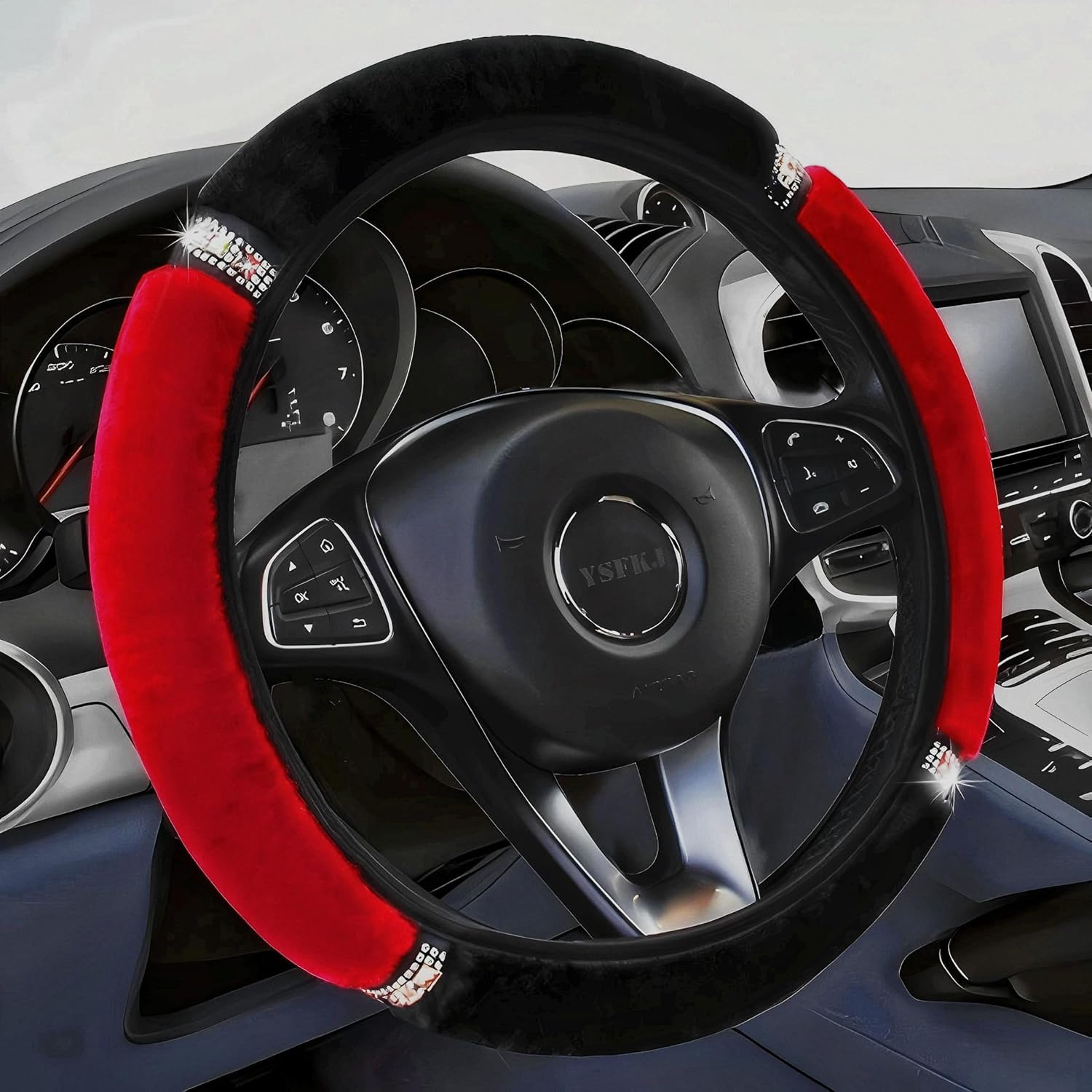 Diamond Fluffy Steering Wheel Cover with Sparkly Crystal Rhinestones, Universal 15 Inch Car Elastic Steering Wheel Protector for Women Girls (Red)