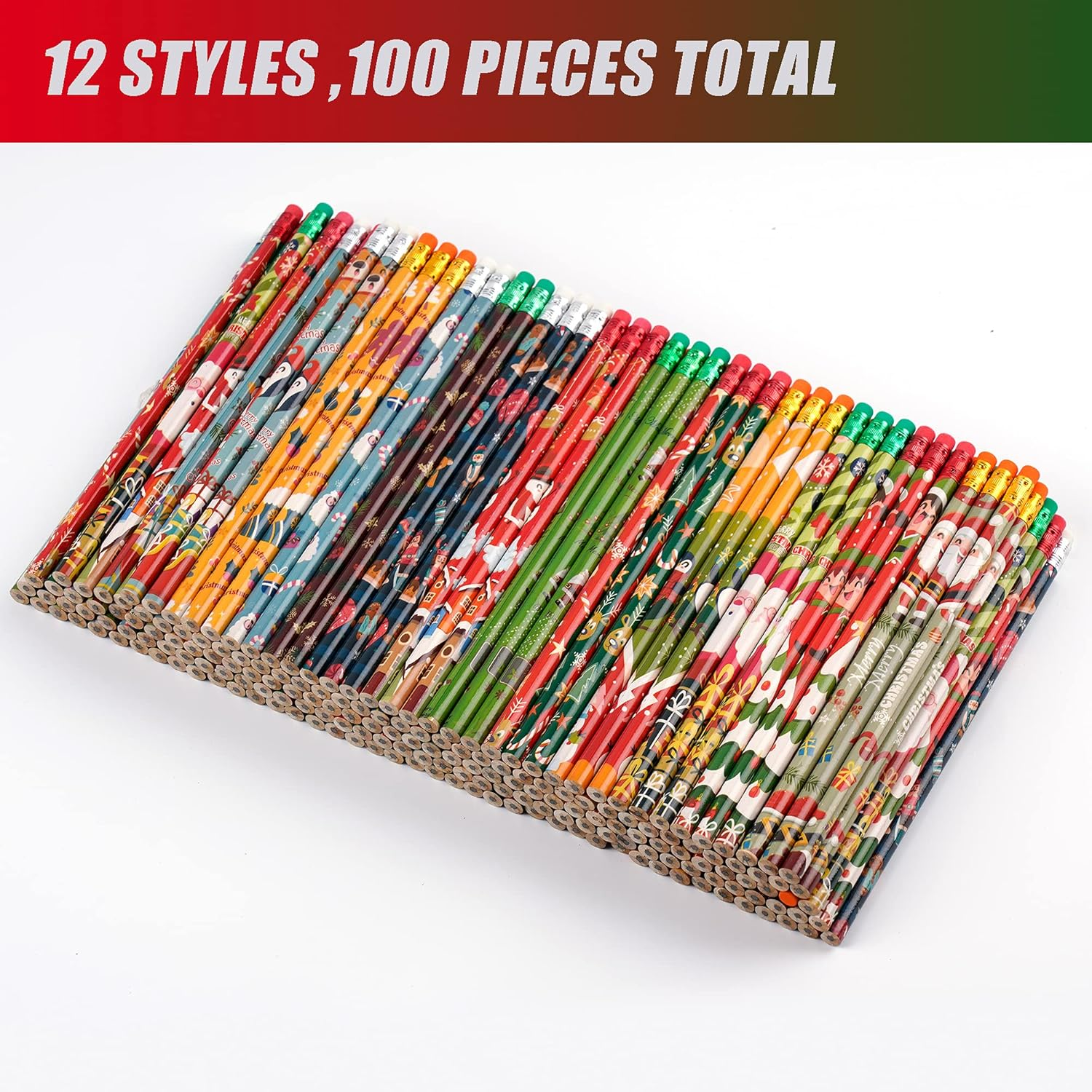 Kolewo4Ever 100 Pieces Christmas Pencils Xmas Wood Pencils with Eraser Tops Snowman, Santa and Elk Pencil Assortment Christmas Stationery Pencil,12 Styles (100)