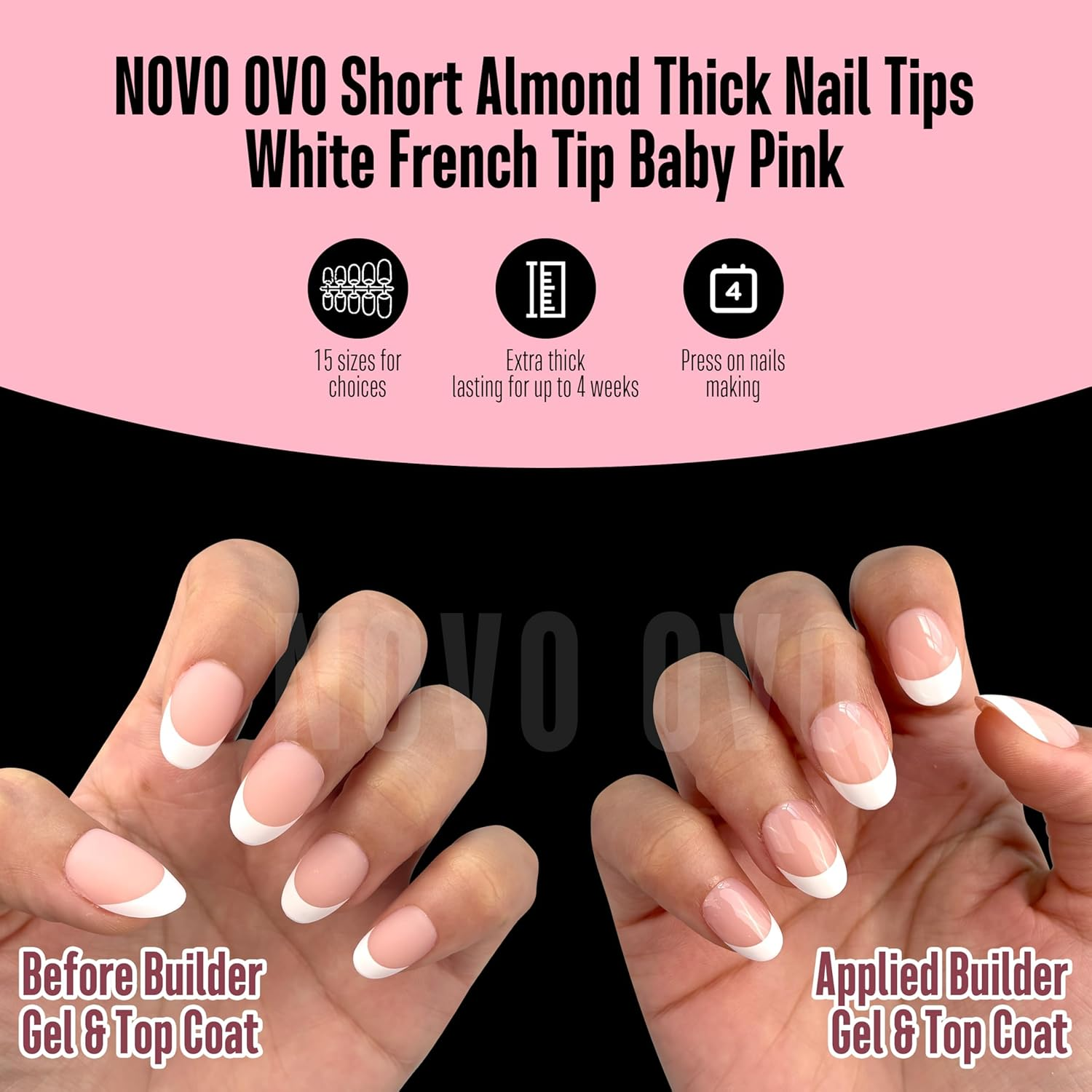 NOVO OVO Extra Short White French Tip Almond Nail Tips, Press on Baby Pink, Thick Short Almond Nail Tips, Soft Gel Nails for Extension, Need Builder Gel for DIY X 16 Sizes, Pack of 224 - Almond Extra Short Thick Nail Tips 224_Eu image number 3