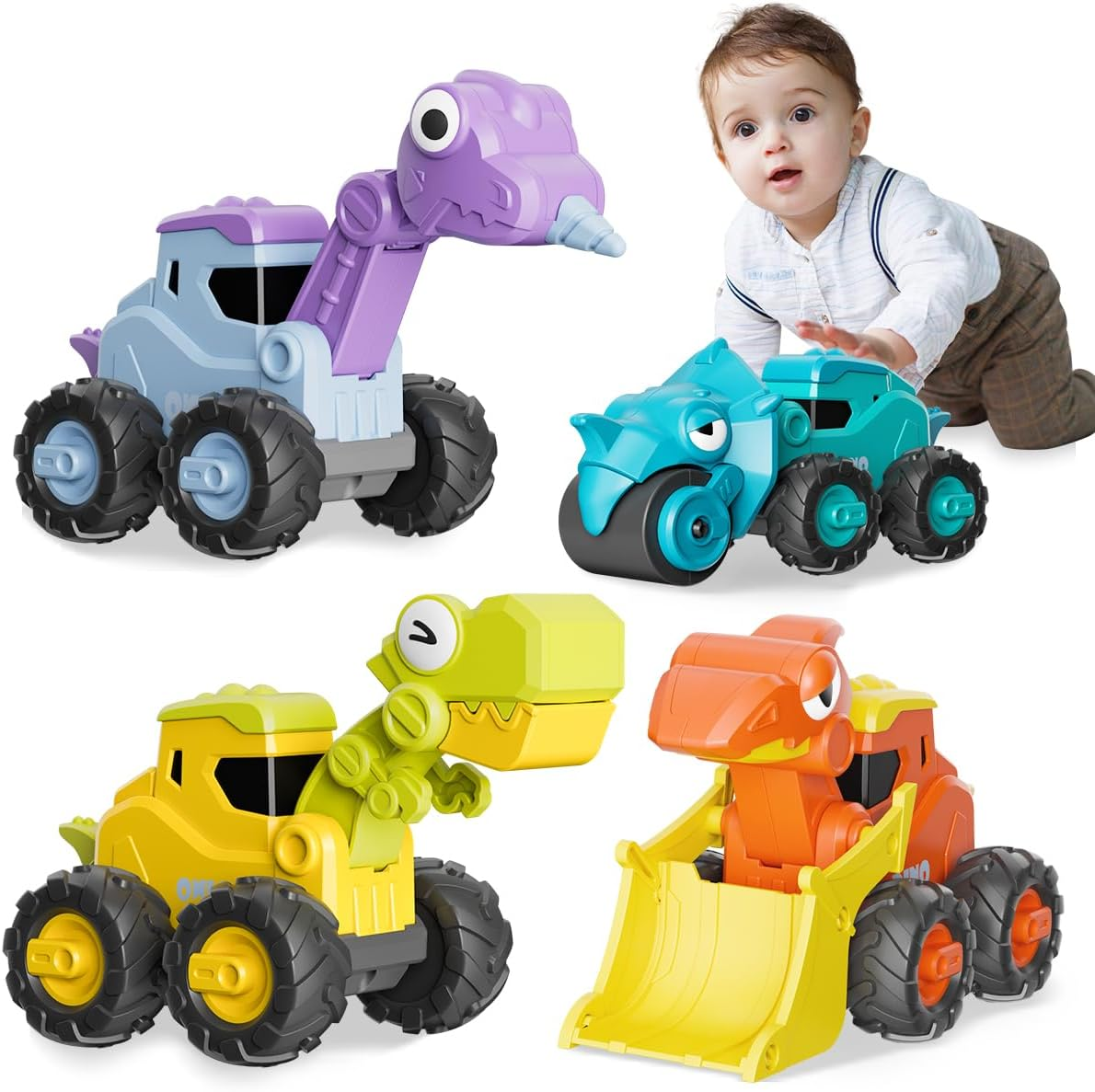 Kaekid Dinosaur Truck Toys for Toddlers, Press and Go Car Toys, Kids Construction Vehicles Playset, Infant Play Vehicle Set, Birthday Gift Toys for 18 Months + Boys Girls